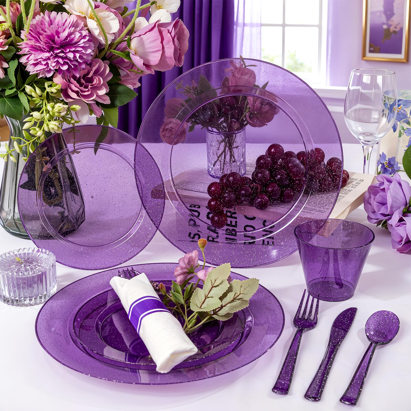 DaYammi 350PCS Gold Plastic Dinnerware Set for 50 Guests, Fancy Disposable Plates for Party, Include: 50 Dinner Plates, 50 Dessert Plates, 50 Pre Rolled Napkins with Gold Silverware, 50 Cups