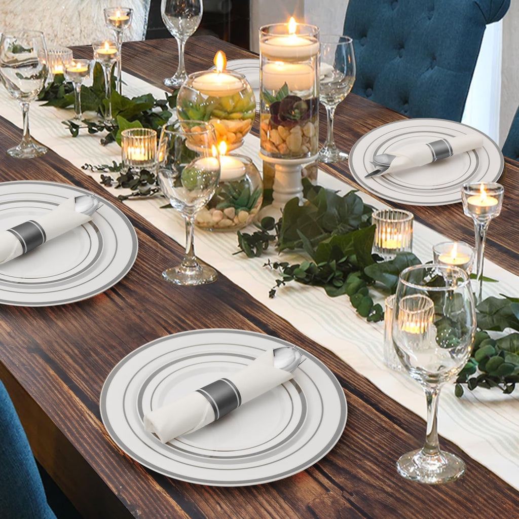 Goodluck 350 Piece Silver Plastic Dinnerware Set for 50 Guests, Fancy Disposable Plates for Party, Include: 50 Dinner Plates, 50 Dessert Plates, 50 Pre Rolled Napkins with Silver Silverware, 50 Cups