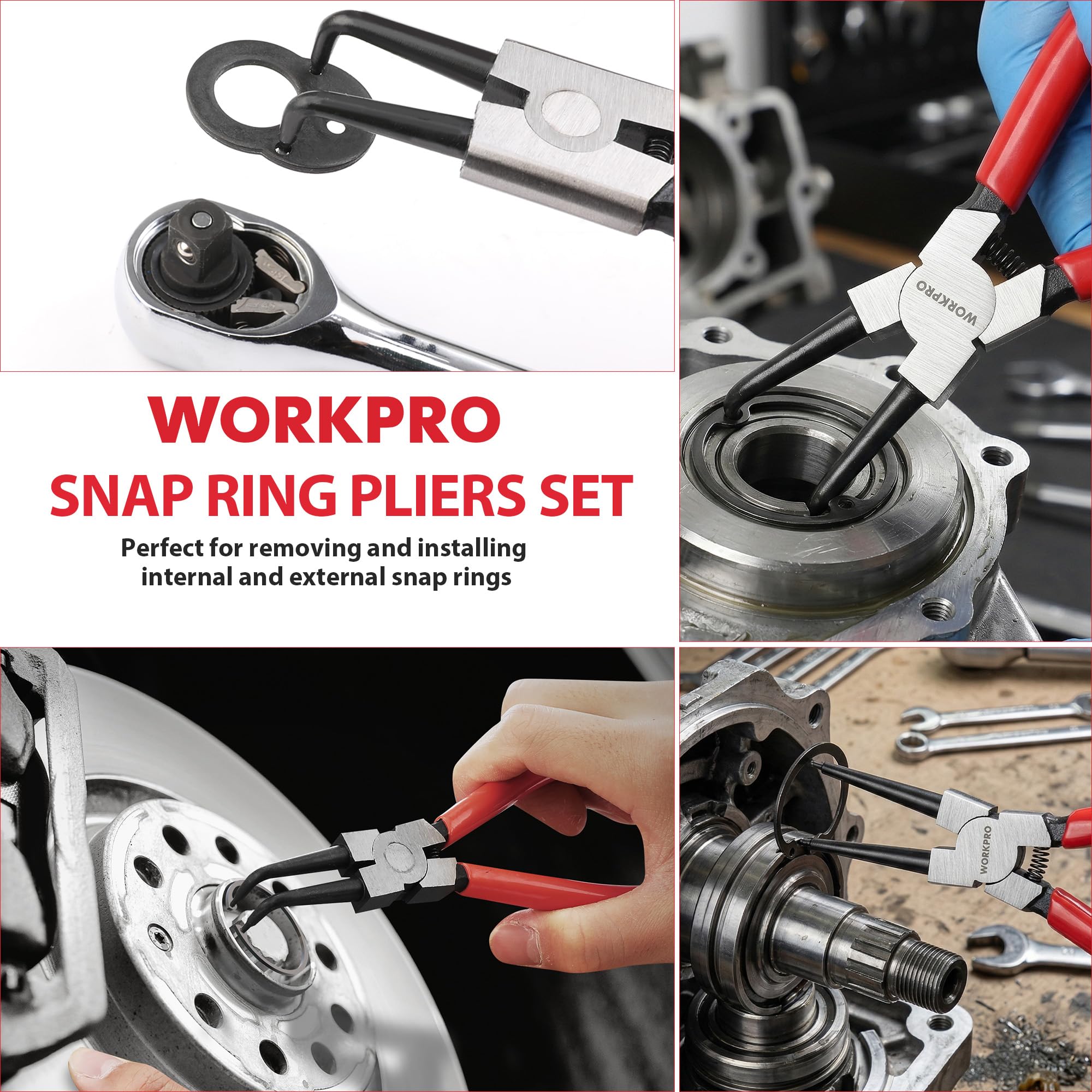 WORKPRO 4-Piece Snap Ring Pliers Set - Heavy Duty 7-inch Internal/External Circlip Pliers Kit (Tip Diameter 5/64'')-Straight/Bent Jaw - Cr-V Steel - For Ring Remover Retaining- Storage Pouch Included