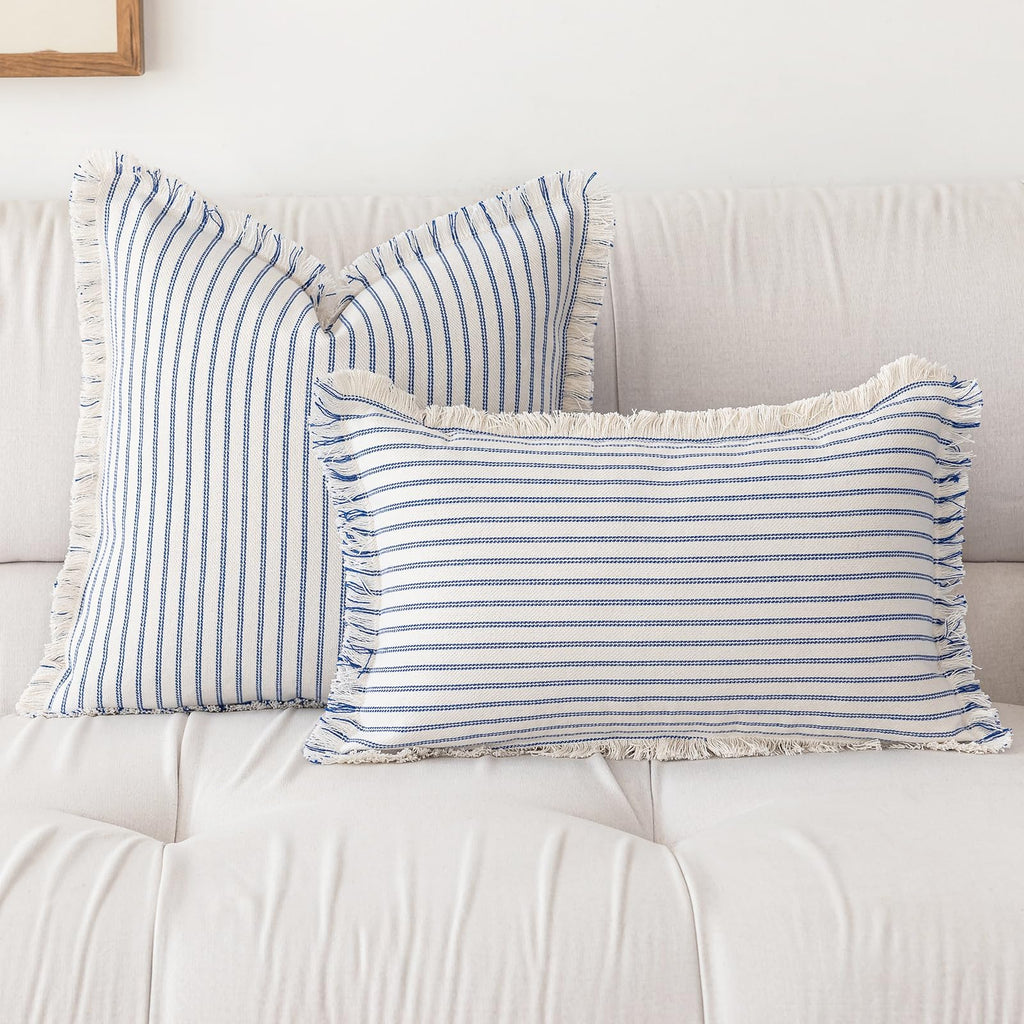 YEENAASY Throw Pillow Covers 20x20 Set of 2 Striped Fringe Pillow Cover Farmhouse Cushion Covers with Tassel Neutral Boho Pillows Decorative Square Pillowcase for Couch Sofa Bed, Black
