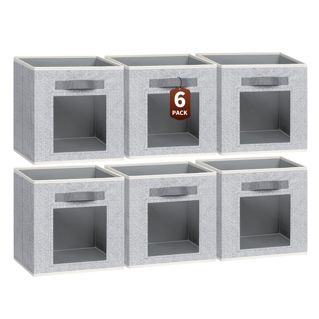 Homsorout Storage Cube 11 Inch - Cube Storage Bins with Window, Closet Storage Baskets with Handle, Fabric Bins for Closet, Shelves, Toys, Clothes, Set of 6, Grey