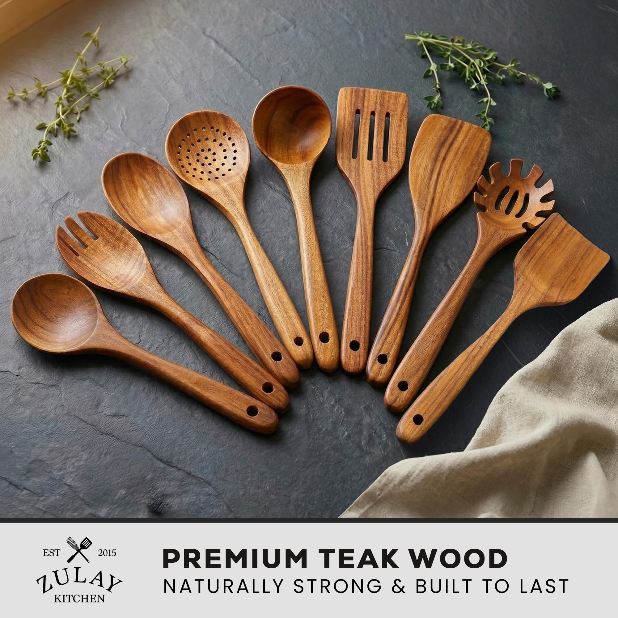 Zulay Kitchen 6 Piece Wooden Spoons for Cooking – Natural Teak Wooden Utensil Set, Easy to Clean, Durable, Smooth with Comfort Grip - Non Toxic Wooden Cooking Utensil Sets
