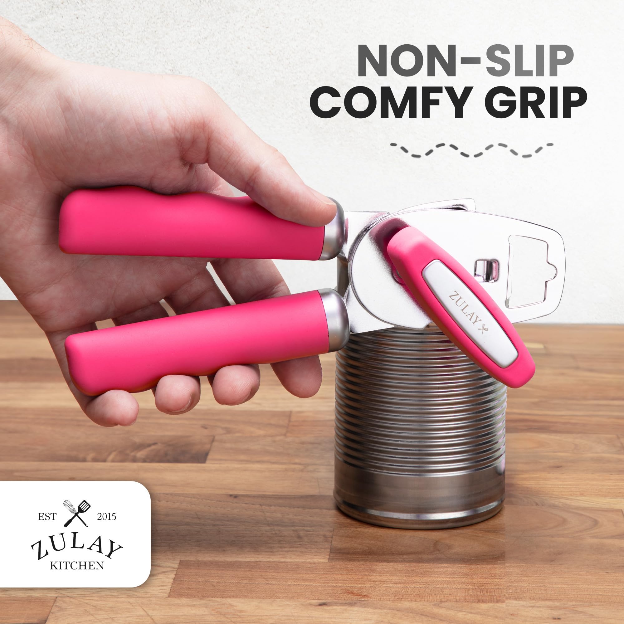 Zulay Kitchen COMFY™ Can Opener Manual with Bottle Opener - Rust Proof Stainless Steel Manual Can Opener With Turn Knob & Comfy Soft Grip Handles - Black