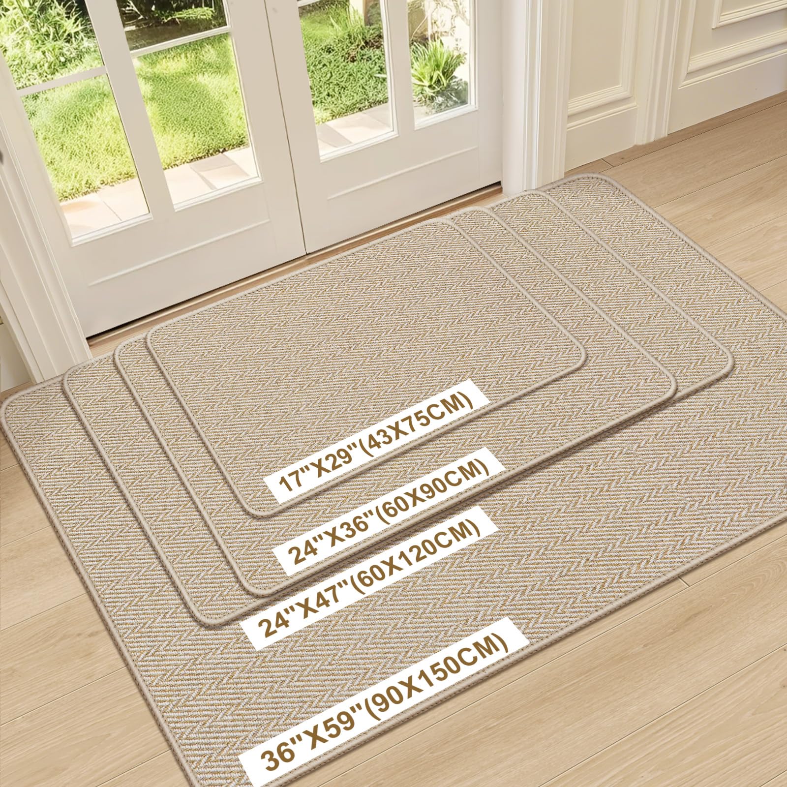 Ultra Thin Door Mat Indoor Entrance 17"x29", Low-Profile Indoor Door Mat, Non Slip Entry Mat Rubber Backing Unique Herringbone Design Inside Doormat Dirt Trapper Entryway Mats, Beige