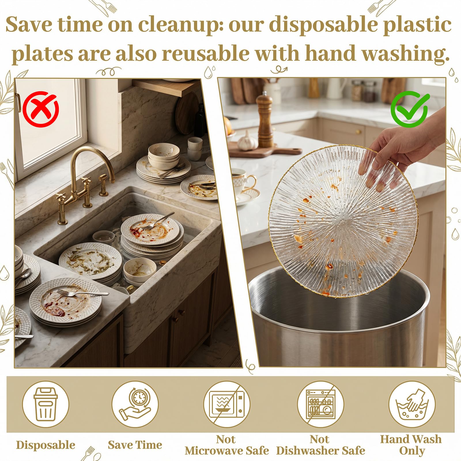 DaYammi 60Pcs Sage Green Plastic Plates with Gold Rim,Disposable Plates Set Includes 30 Dinner Plate & 30 Salad Plate,Fancy Green Party Plates with Radial Texture for Party Wedding Dinner