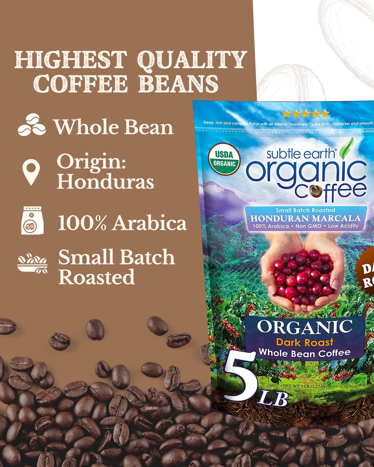 2LB Subtle Earth Organic Coffee - Dark Roast - Whole Bean Coffee - 100% Arabica Beans - Low Acidity and Non-GMO - 2lb bag