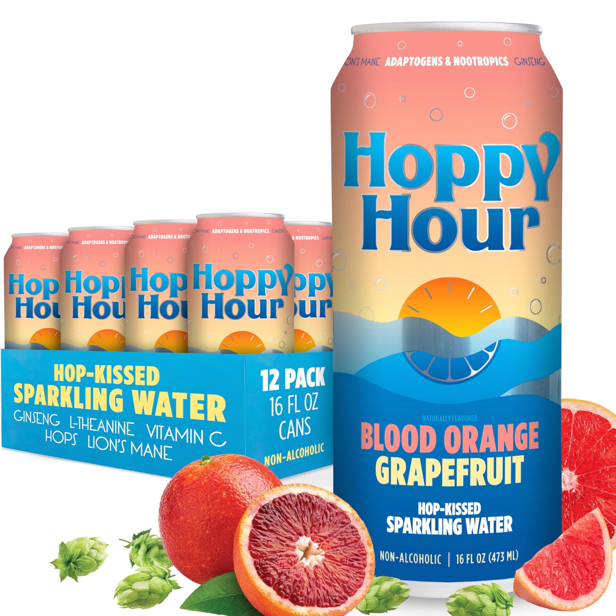 Hoppy Hour Sparkling Hop Water, Non-Alcoholic and Adaptogens Drink, Zero Sugar and Calories, Refreshing Original Citrus Flavor, 12 oz Cans (12-Pack)
