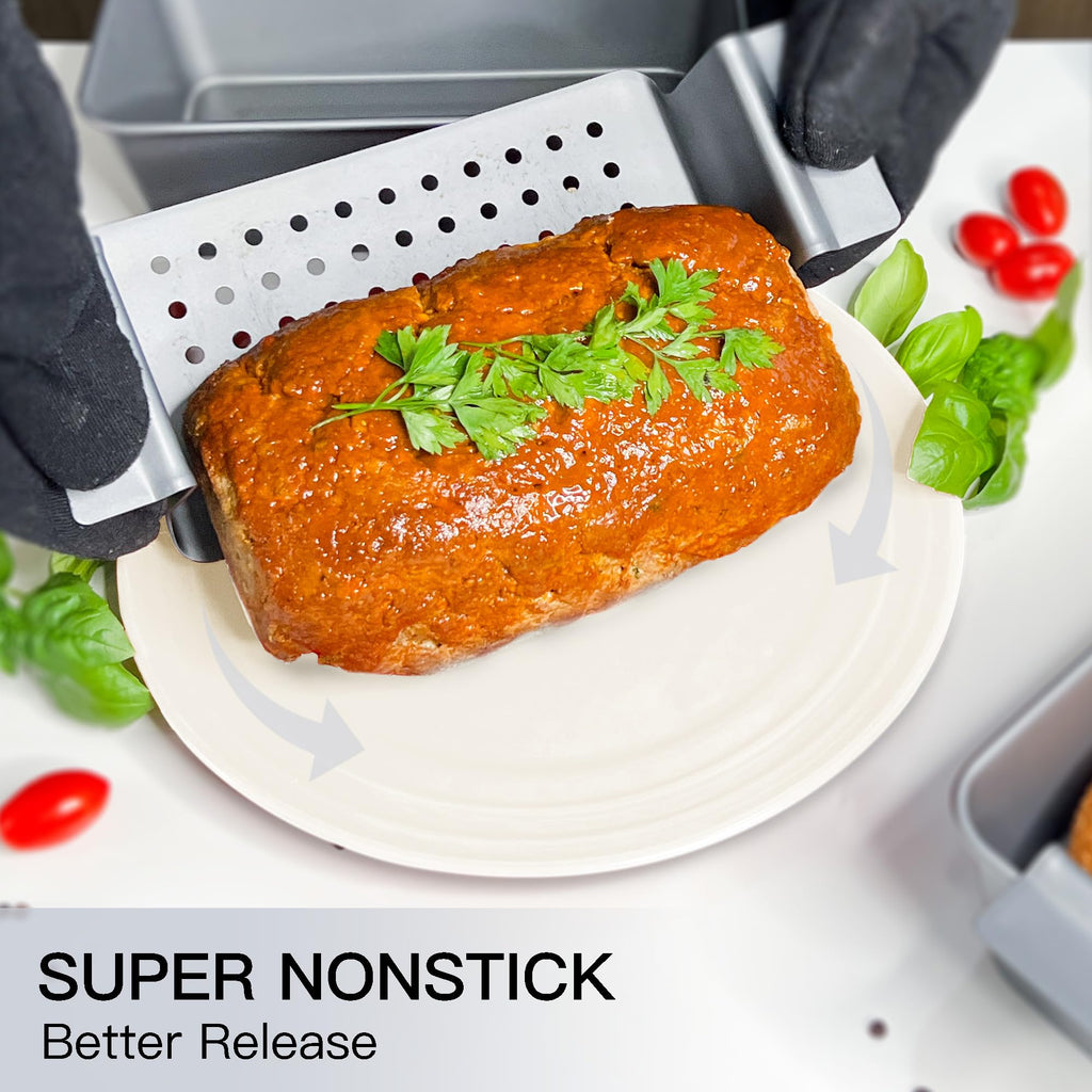 HONGBAKE Meatloaf Pan with Drain Tray, 9 x 5 Inches Loaf Pans with Insert, Nonstick Meat Loaf for Baking, Reduce the Fat and Kick Up the Flavor, Grey