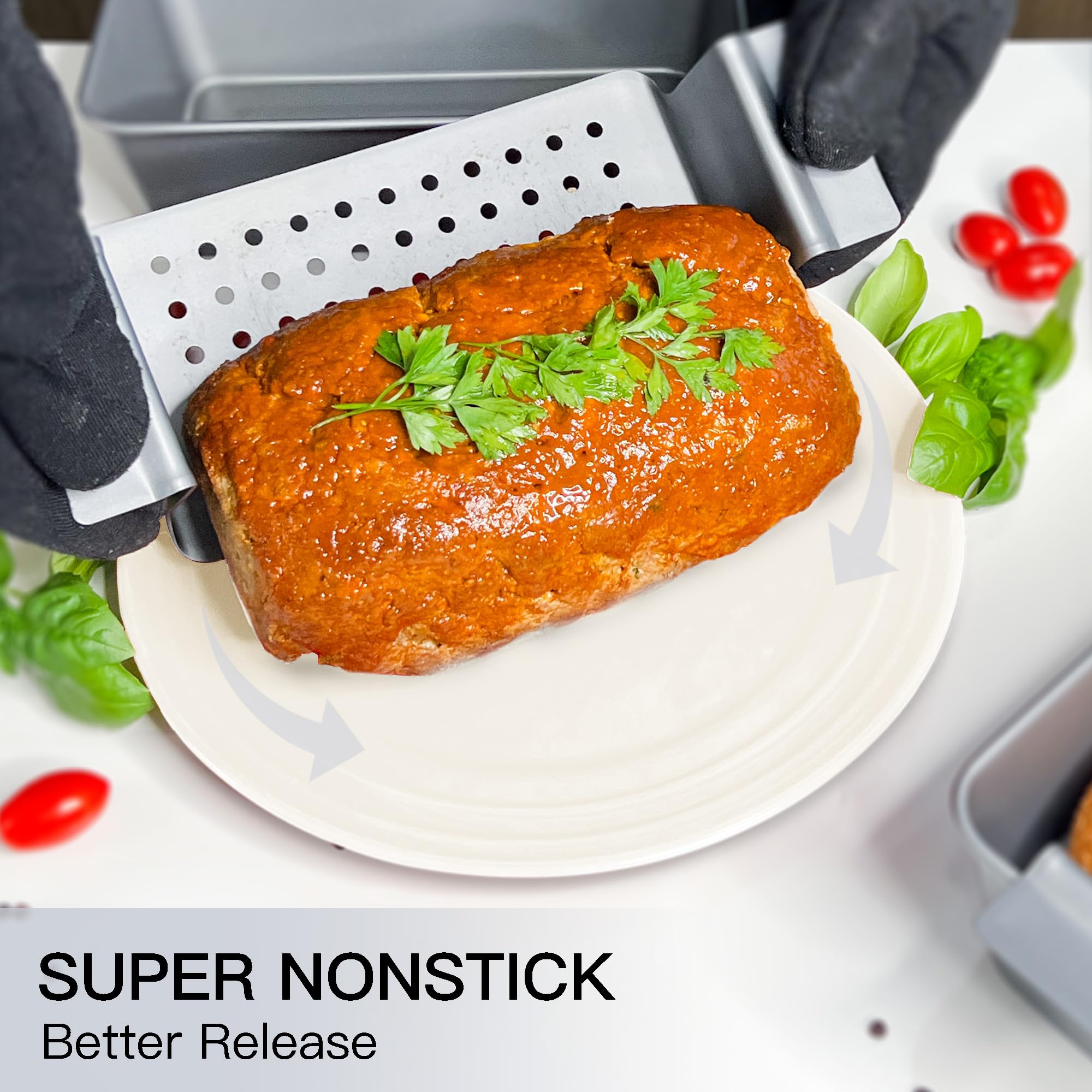 HONGBAKE Meatloaf Pan with Drain Tray, 9 x 5 Inches Loaf Pans with Insert, Nonstick Meat Loaf for Baking, Reduce the Fat and Kick Up the Flavor, Grey