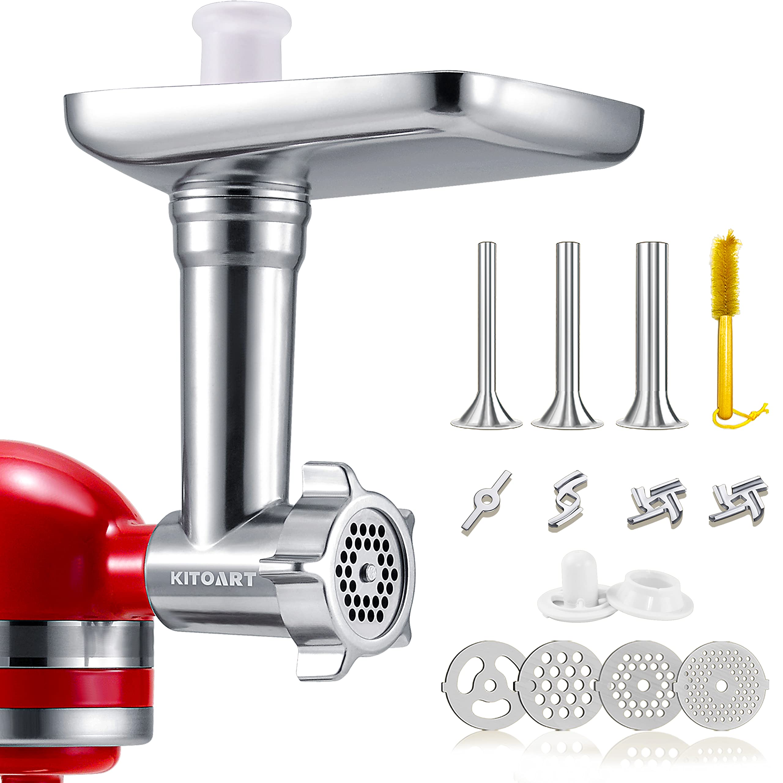 Metal Food Grinder Attachments for KitchenAid Stand Mixers, Meat Grinder, Sausage Stuffer, Perfect Mixer Attachment for KitchenAid Mixers, Silver(Machine/Mixer Not Included)