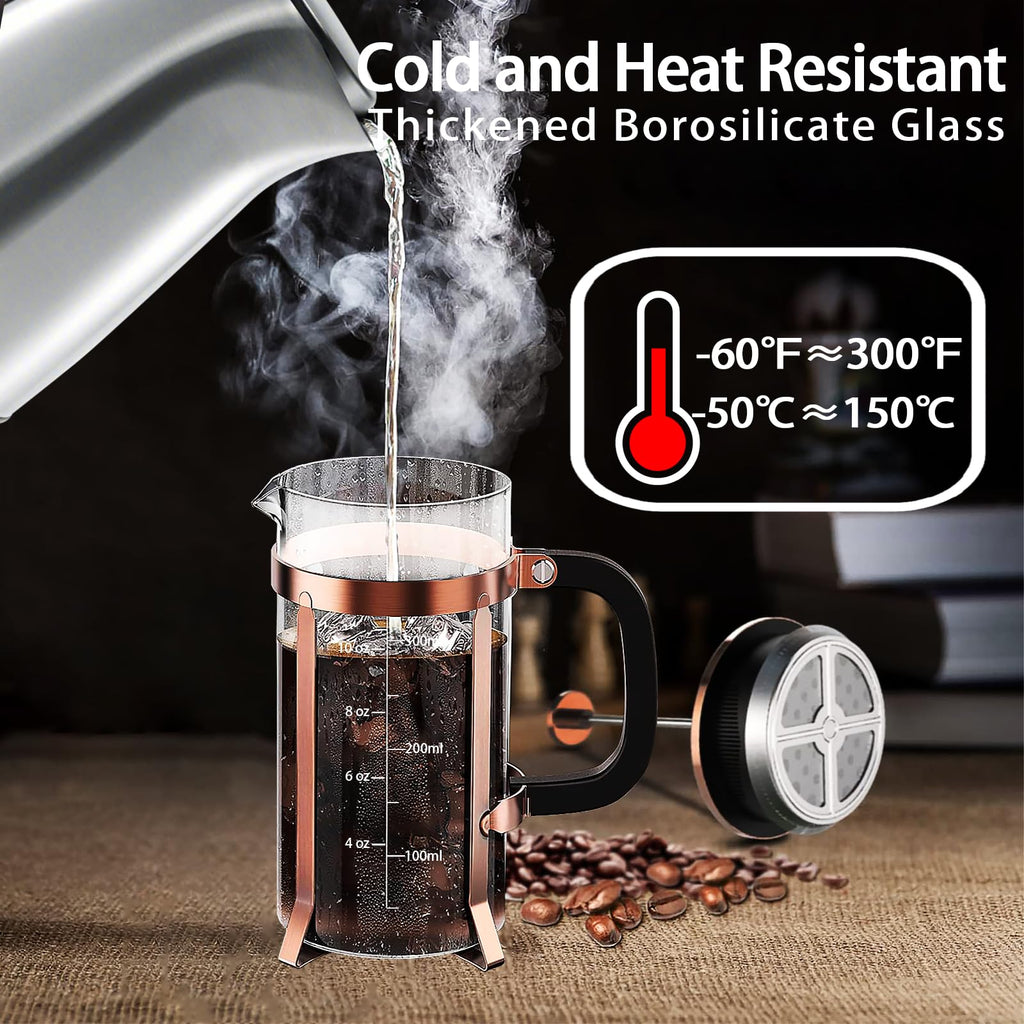 YMMIND French Press Coffee Maker 304 Stainless Steel Coffee Press,with 4 Filters System, Heat Resistant Thickness Borosilicate French Press Glass, BPA-Free Brewed Tea Pot Coffee Plunger(Copper 12oz)