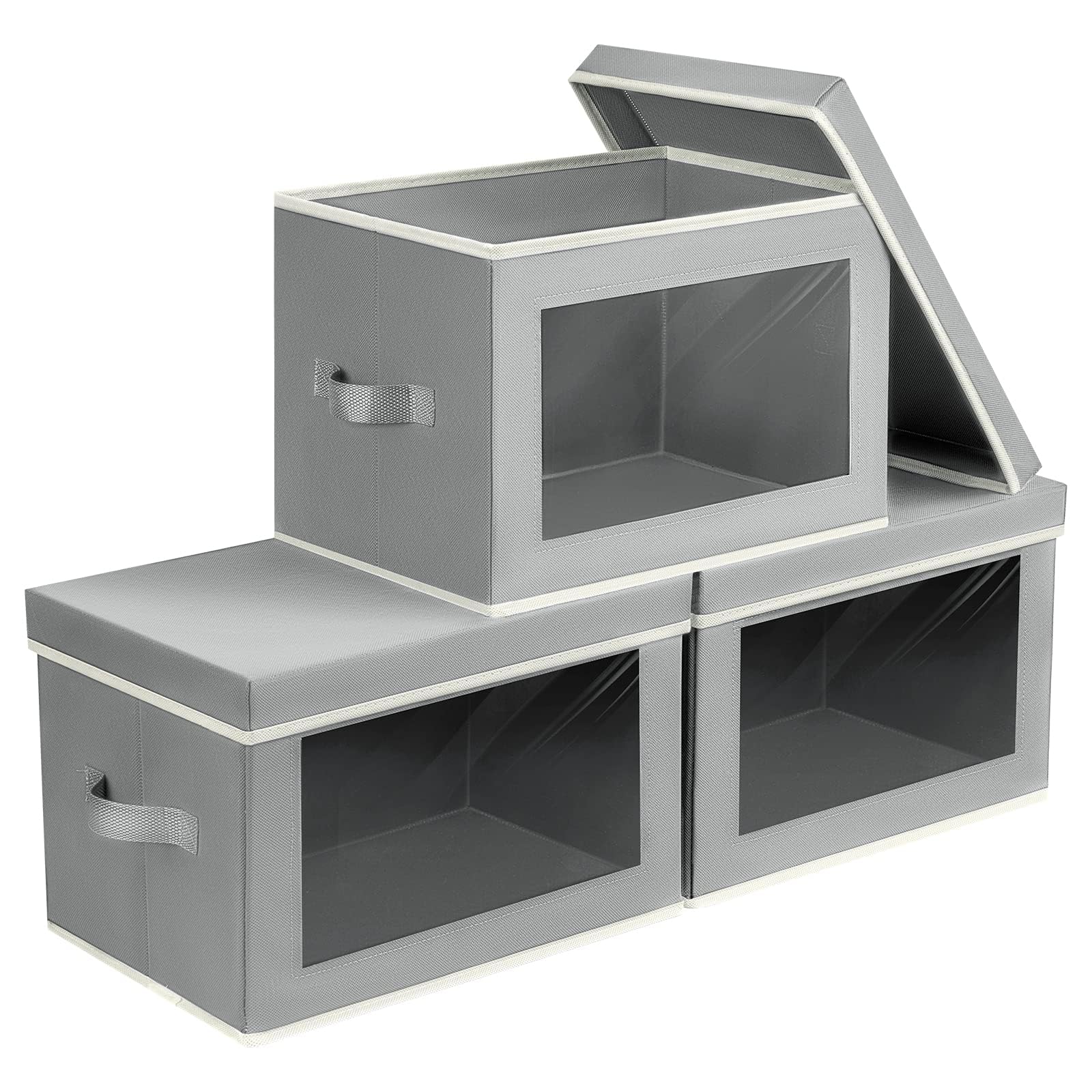 Homsorout Storage Bins with Lids - Fabric Storage Boxe with Window, Collapsible Closet Organizers with Handles, 3 Pack Decorative Bin, Home Cubes Baskets for Clothes, Hat, Books, Dark Grey