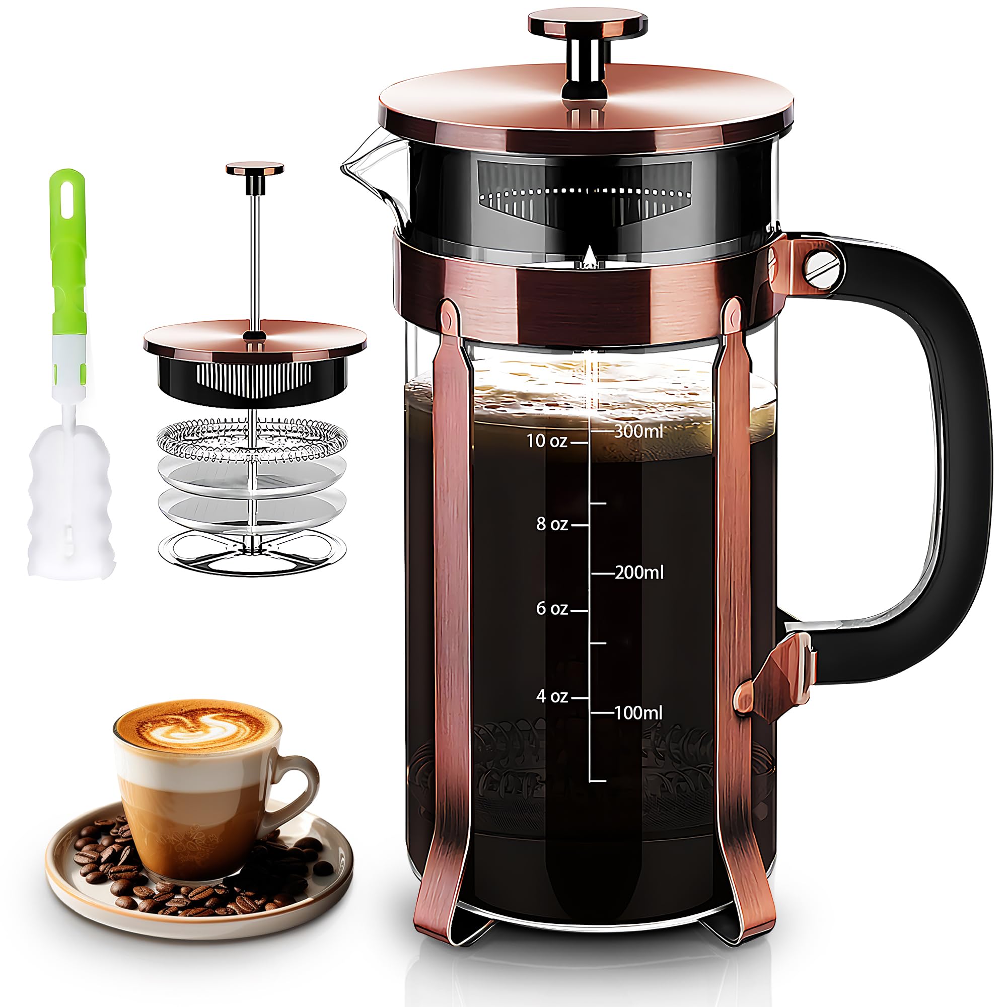 YMMIND French Press Coffee Maker 304 Stainless Steel Coffee Press,with 4 Filters System, Heat Resistant Thickness Borosilicate French Press Glass, BPA-Free Brewed Tea Pot Coffee Plunger(Copper 12oz)