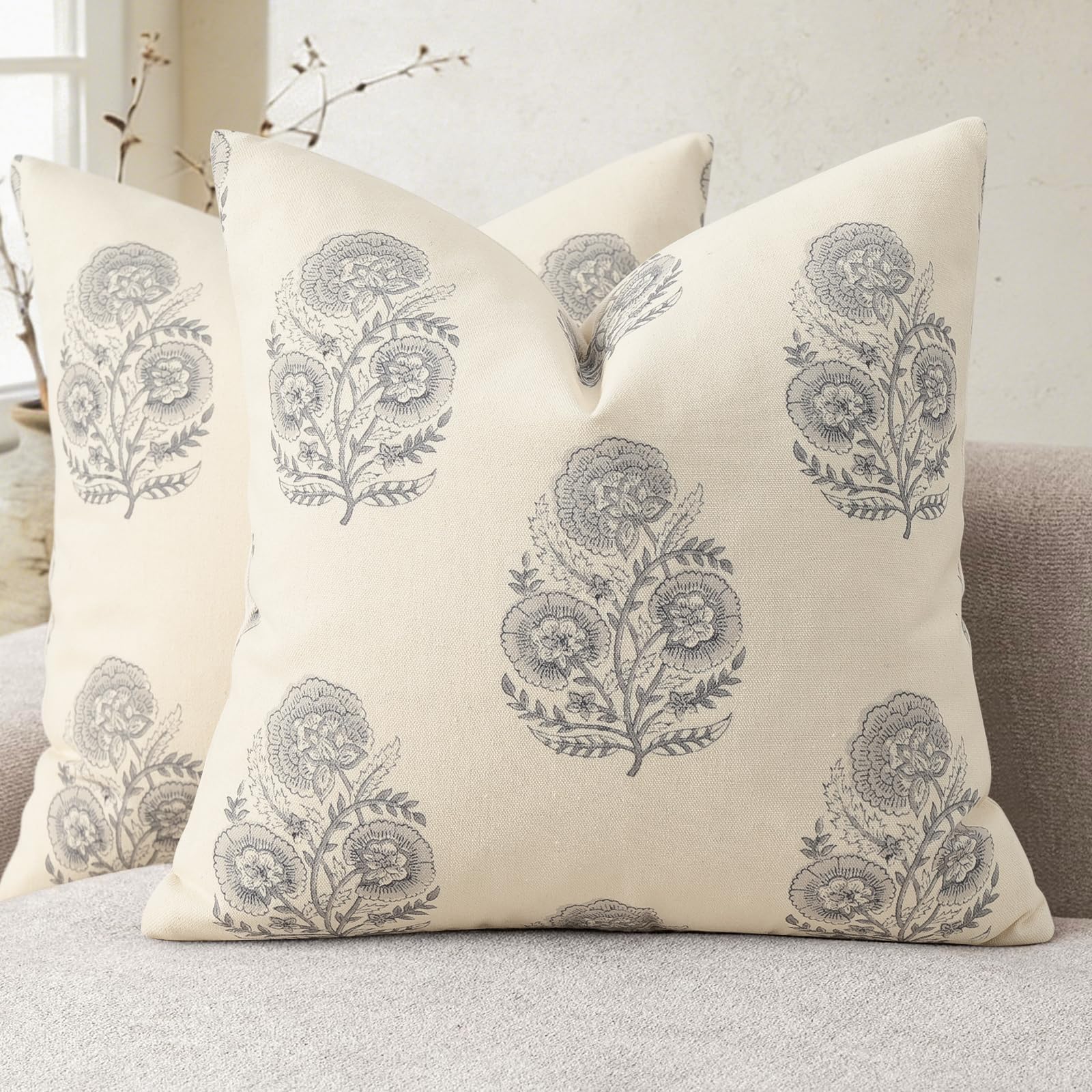 YCOLL Vintage Floral Print Pillow Covers 18x18 Set of 2 Patterned Accent Decorative Cushion Covers Modern Farmhouse Throw Pillow Covers for Sofa Couch Chair Bed Living Room Home Decor, Light Blue