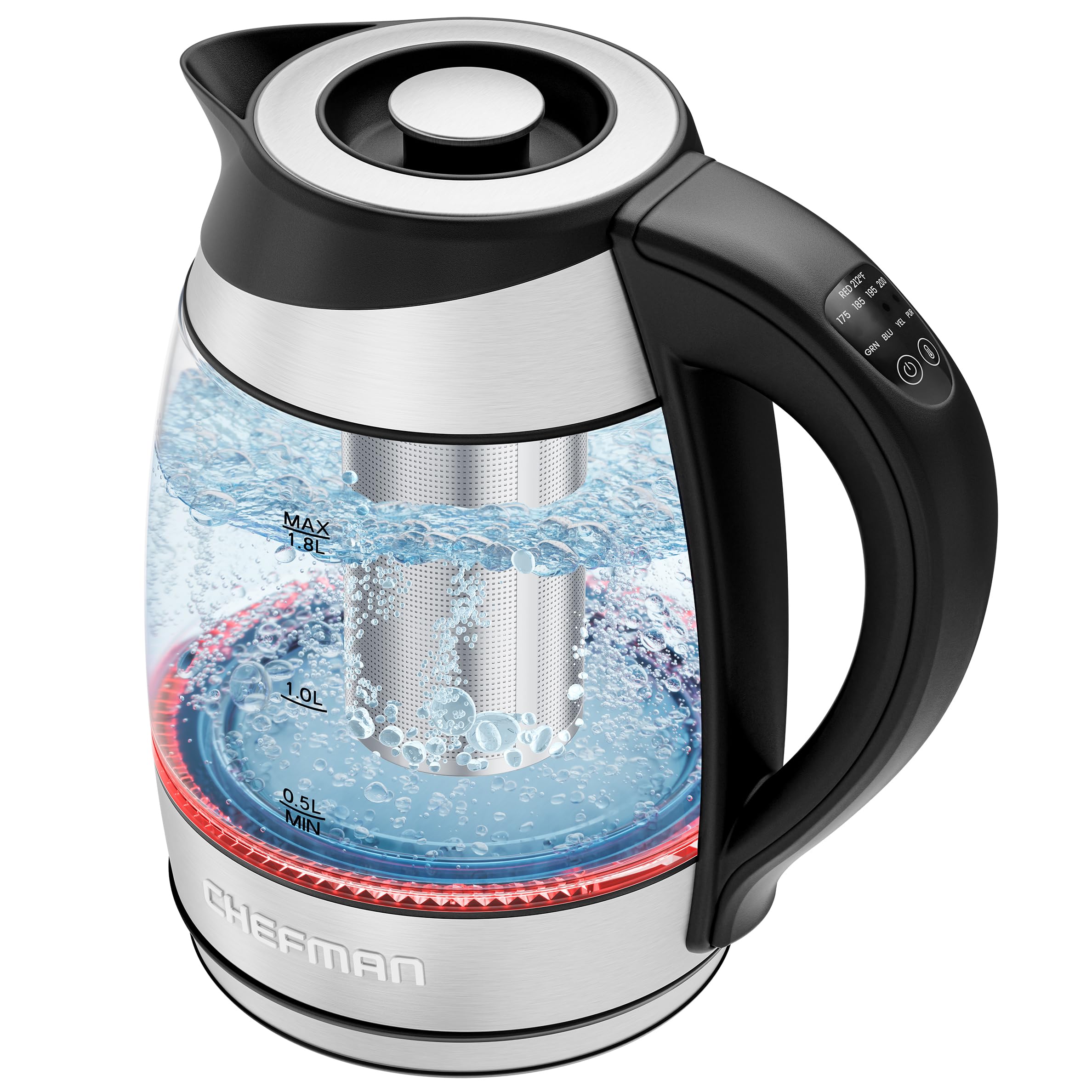 Chefman Electric Kettle with Temperature Control, 5 Presets LED Indicator Lights, Removable Tea Infuser, Glass Tea Kettle & Hot Water Boiler, 360° Swivel Base, BPA Free, Stainless Steel, 1.8 Liters