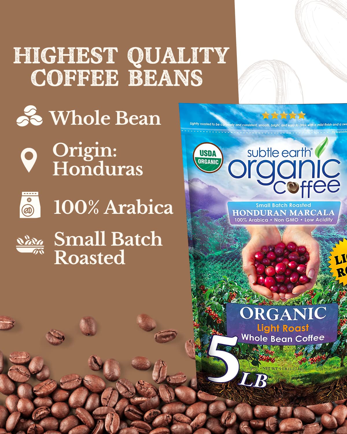 2LB Subtle Earth Organic Coffee - Dark Roast - Whole Bean Coffee - 100% Arabica Beans - Low Acidity and Non-GMO - 2lb bag