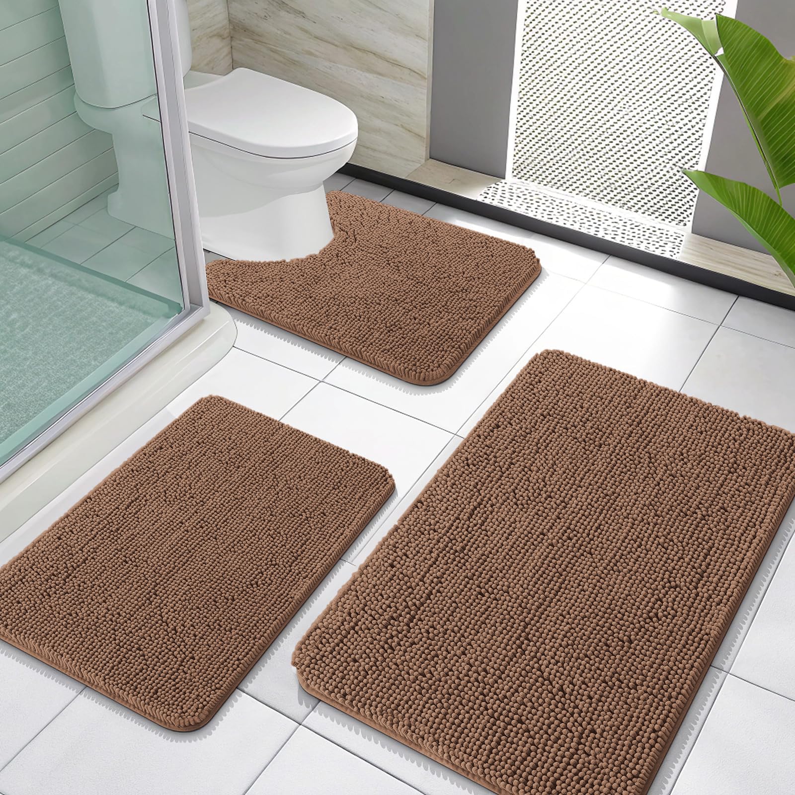 OLANLY Bathroom Rugs Sets 3 Piece, Soft Absorbent Chenille Bath Mats and U-Shaped Contour Toilet Rug, Quick Dry, Home Decor Accessories, Bath Mat Set for Bathroom (30"x20"+24"x16"+24"x20", Grey)
