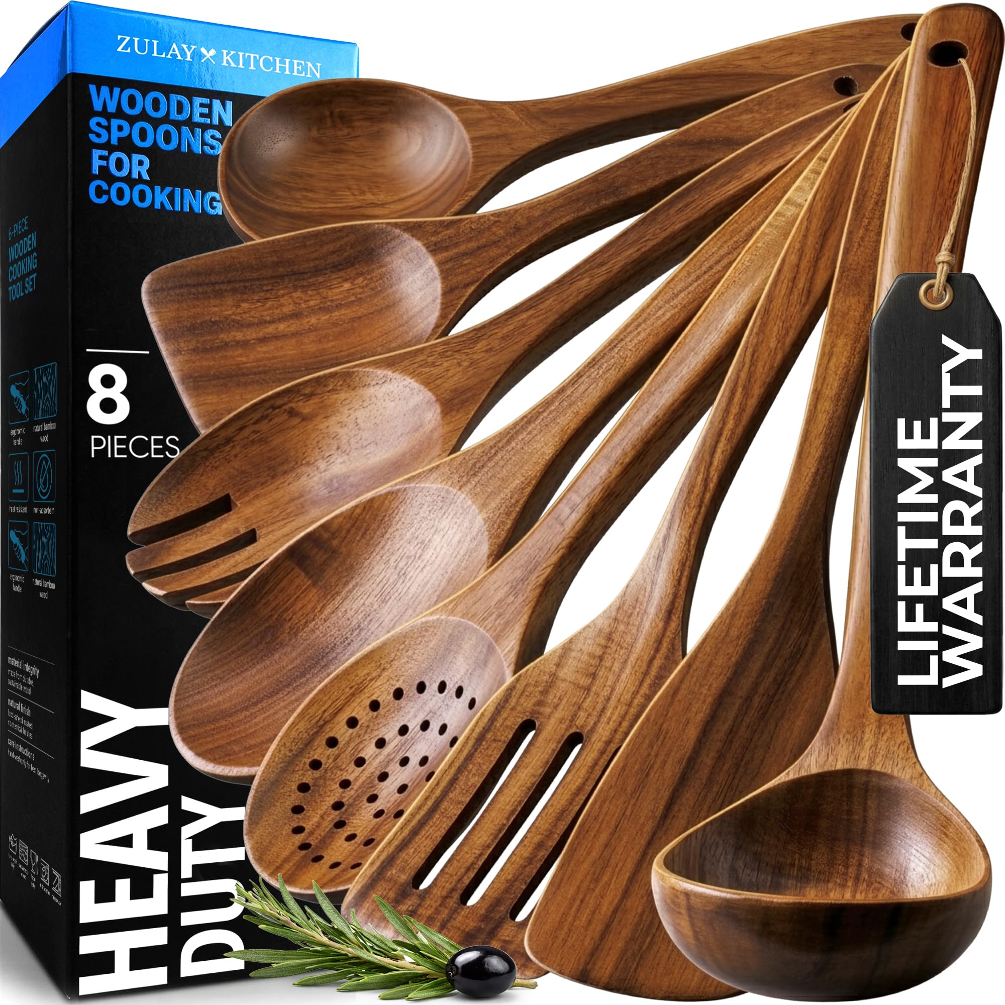 Zulay Kitchen 6 Piece Wooden Spoons for Cooking – Natural Teak Wooden Utensil Set, Easy to Clean, Durable, Smooth with Comfort Grip - Non Toxic Wooden Cooking Utensil Sets