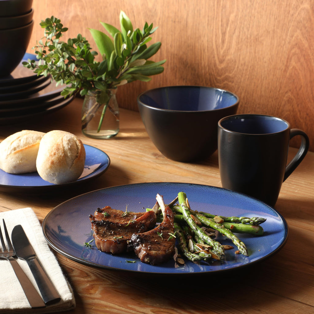 Gibson Elite Soho Lounge Round Reactive Glaze Stoneware Dinnerware Set, Service for 4 (16pc), Blue, Soho Round.