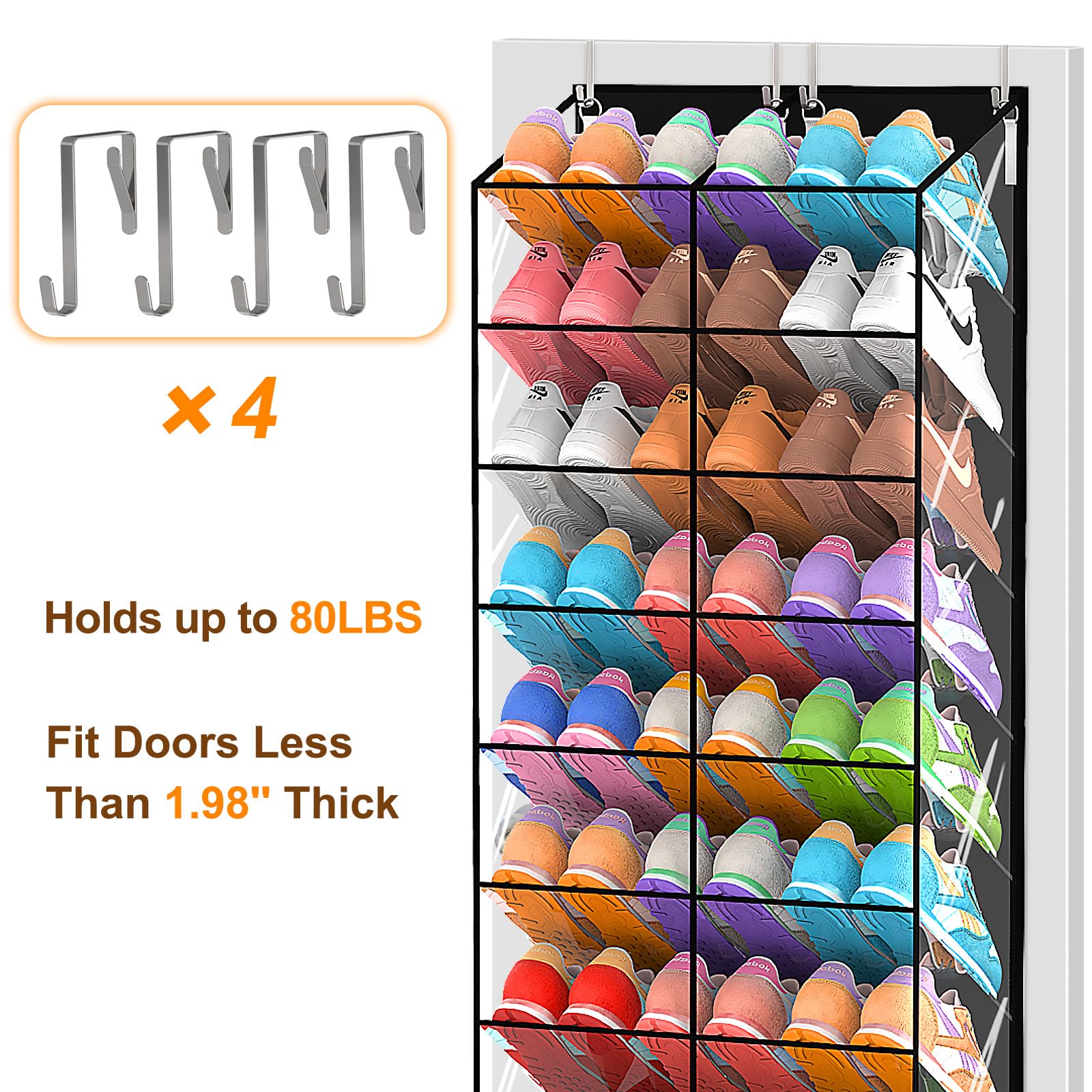 UVIAHOMI 20-30 Pairs Over the Door Shoe Organizer, Clear Pockets Hanging Shoe Storage for Closet, 10-Tier Door Shoes Rack, Handing Shoes Holder Fit All the Family's Sneakers, Boots, Heels, Black