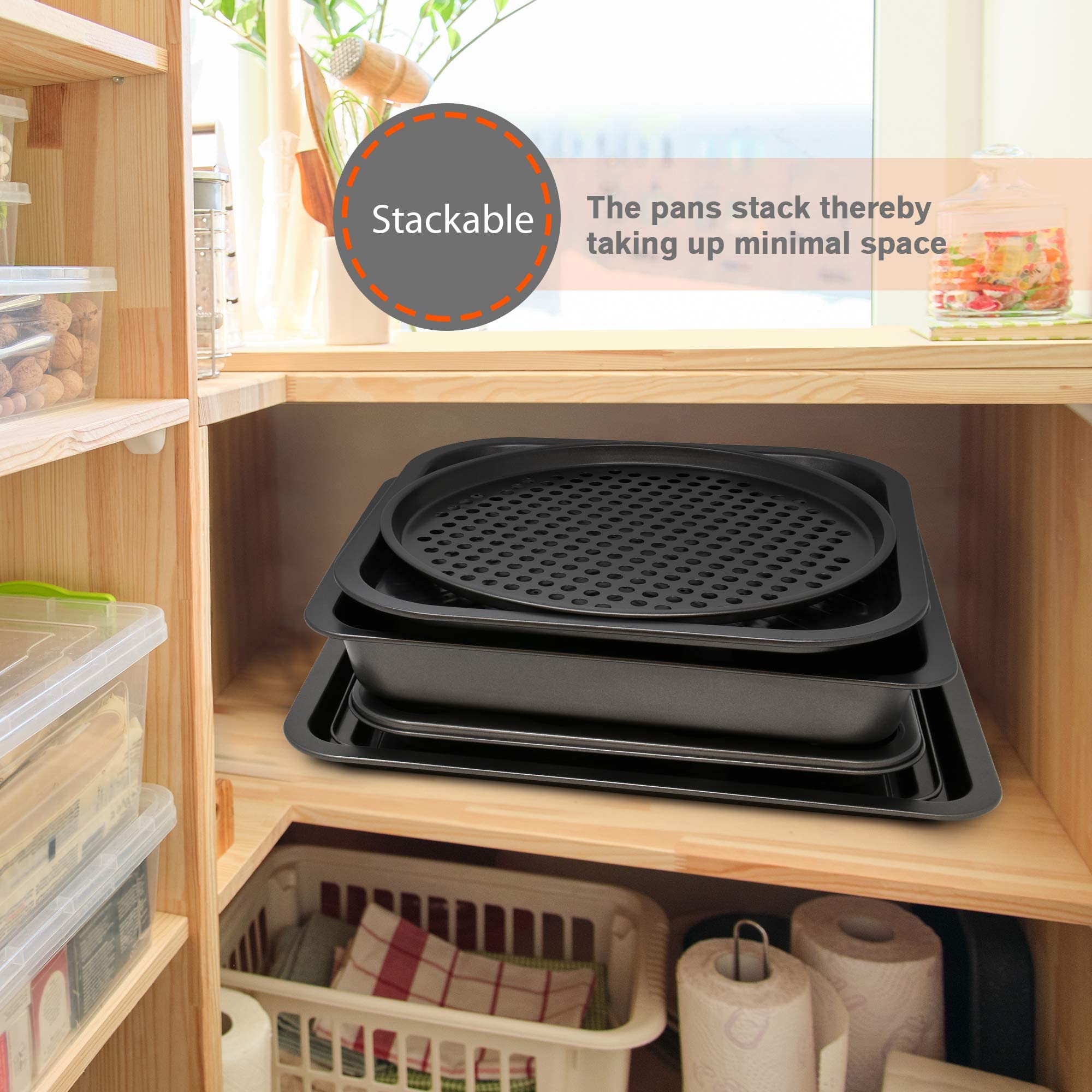 PERLLI Non-Stick 10-Piece Bakeware Set – Carbon Steel with Even Heat Distribution, Oven Safe to 446°F, BPA-Free, Dishwasher Safe, Stackable Baking Tools for Easy Storage and Everyday Cooking - Gray