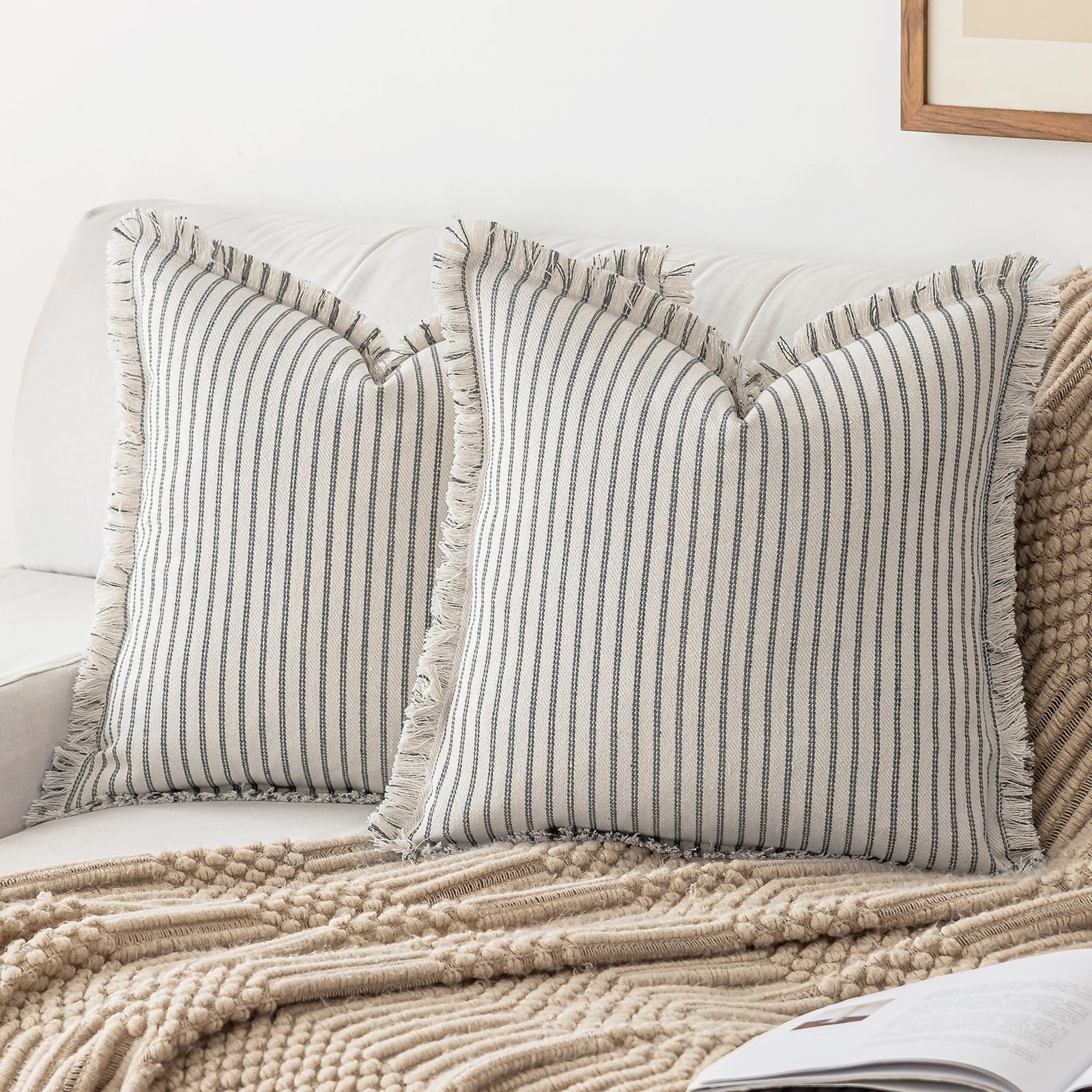YEENAASY Throw Pillow Covers 20x20 Set of 2 Striped Fringe Pillow Cover Farmhouse Cushion Covers with Tassel Neutral Boho Pillows Decorative Square Pillowcase for Couch Sofa Bed, Black