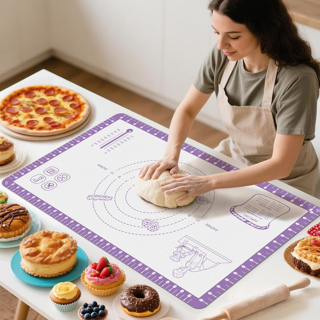 Silicone Baking Mat with Recipes, Extra Thick Silicone Mats for Baking, Non Stick Pastry Mat for Rolling Dough, Silicone Macaron Baking Mat for Cookie,Bread,Pizza,Fondant Mat, Oven&Dishwasher Safe