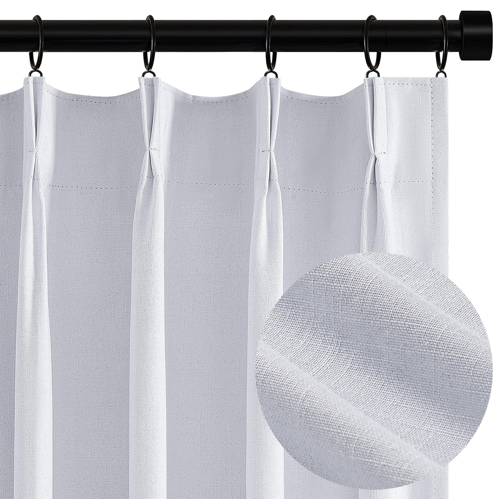 Topfinel Pinch Pleated Curtains 96 Inch Long, 100% Blackout Thermal Insulated Natural Linen Pinch Pleat Viral Drapes with Hooks Rings 2 Panel Sets, Neutral Beige Ivory 8FT Back Tab Window Curtains