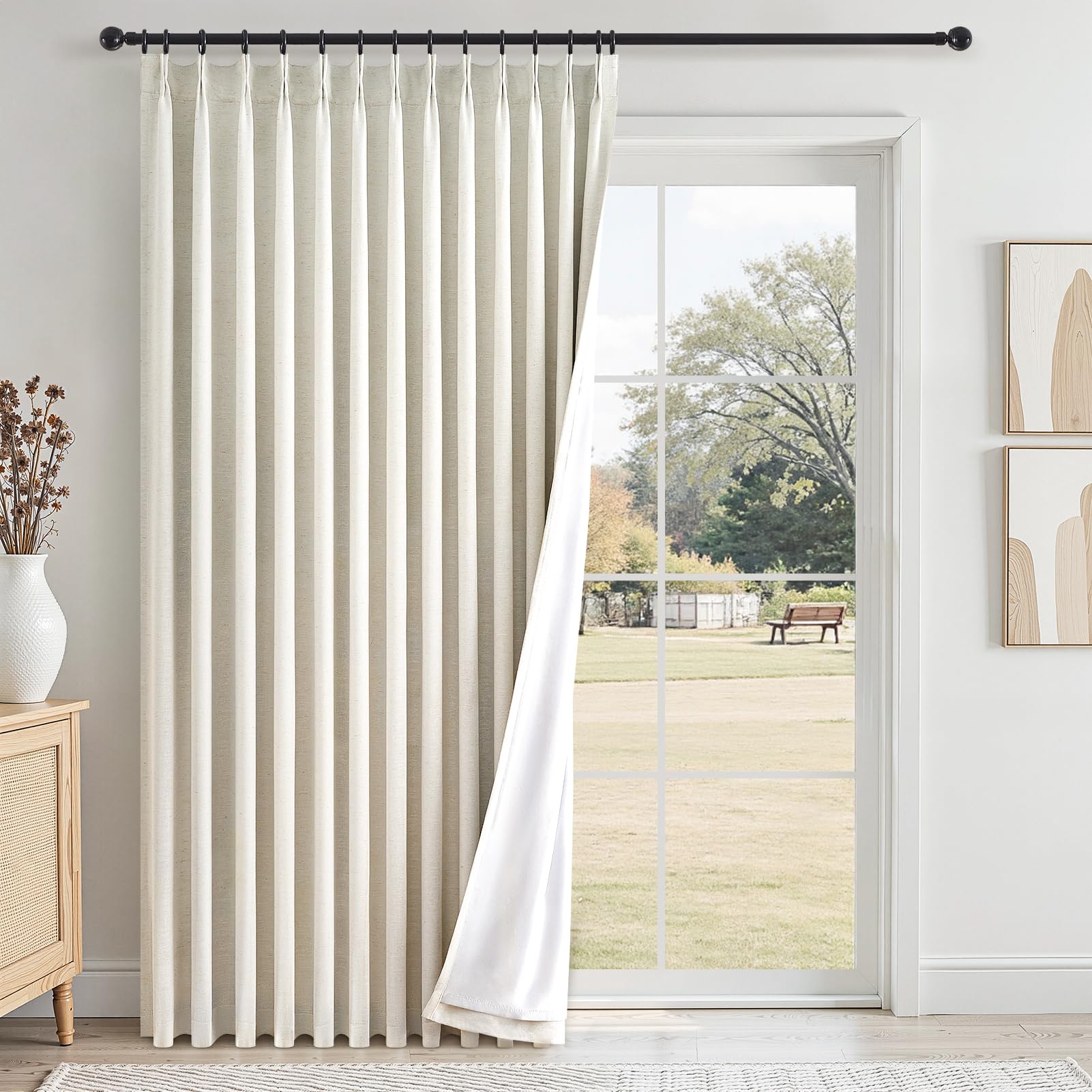 Topfinel 96 Inches Long Pinch Pleated 100% Blackout Curtains,Thermal Insulated Natural Linen Pinch Pleat Viral Drapes with Hooks Rings 2 Panel Sets,Neutral Beige Ivory 8FT Back Tab Window Curtains