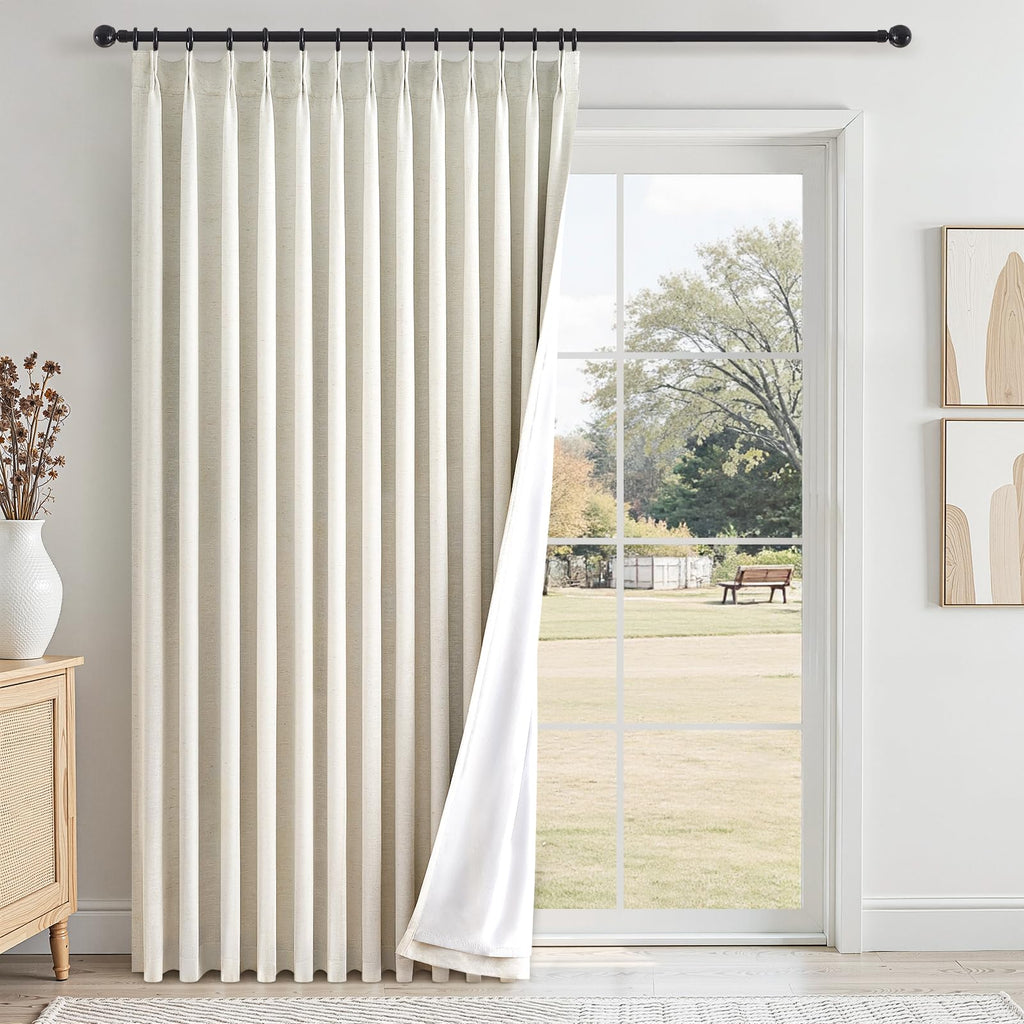 Topfinel 96 Inches Long Pinch Pleated 100% Blackout Curtains,Thermal Insulated Natural Linen Pinch Pleat Viral Drapes with Hooks Rings 2 Panel Sets,Neutral Beige Ivory 8FT Back Tab Window Curtains