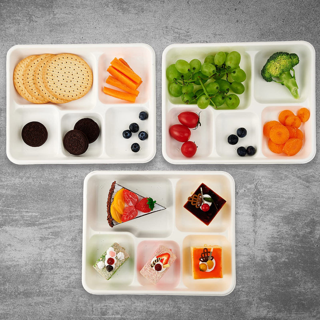 Vplus 100% Compostable 6 Compartment Plates, 90 Pack Compartment Paper Plate, 12.5x8.6 inch Disposable School Lunch Trays, Eco-Friendly Bagasse Plates for School Lunch, Buffet, and Party