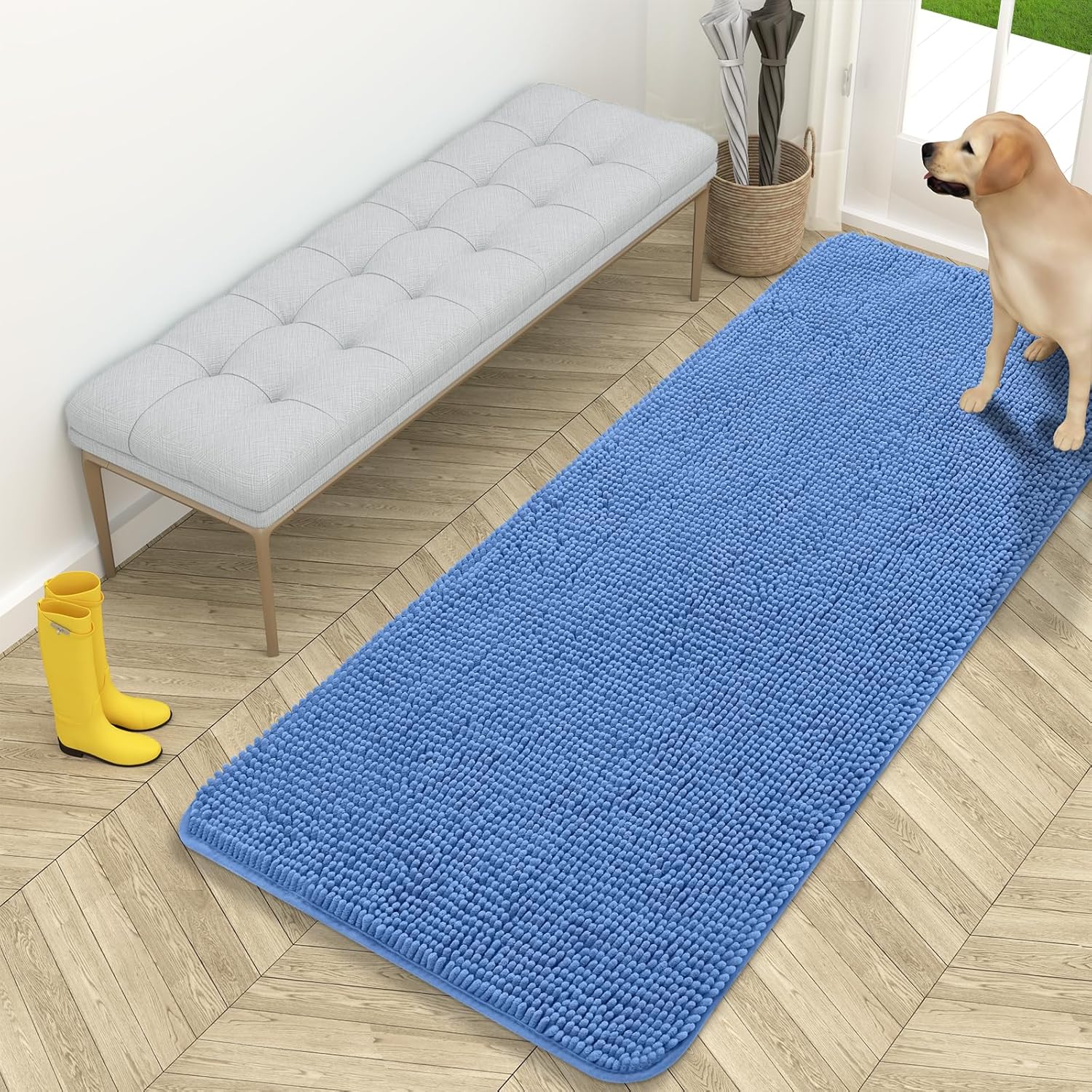OLANLY Dog Door Mat for Muddy Paws 70x24, Absorbs Moisture and Dirt, Absorbent Non-Slip Washable Doormat, Quick Dry Chenille Mud Mat for Dogs, Entry Indoor Entryway Carpet for Inside Floor, Beige