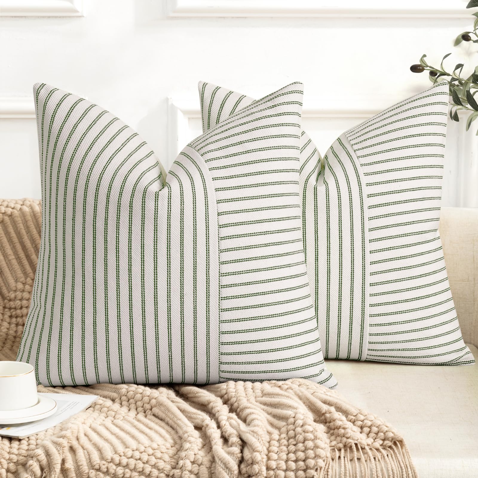 YCOLL Farmhouse Pillow Covers 18x18, Modern Accent Square Throw Pillow Covers Set of 2, Gray and Beige Striped Patchwork Linen Decorative Pillows Cushion Covers for Couch Chair Bedroom Home Decor
