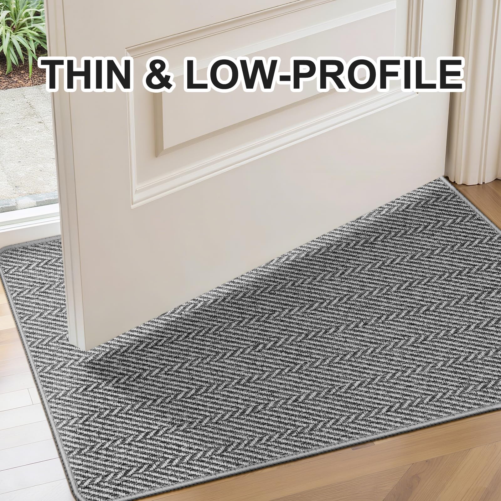 Ultra Thin Door Mat Indoor Entrance 17"x29", Low-Profile Indoor Door Mat, Non Slip Entry Mat Rubber Backing Unique Herringbone Design Inside Doormat Dirt Trapper Entryway Mats, Beige