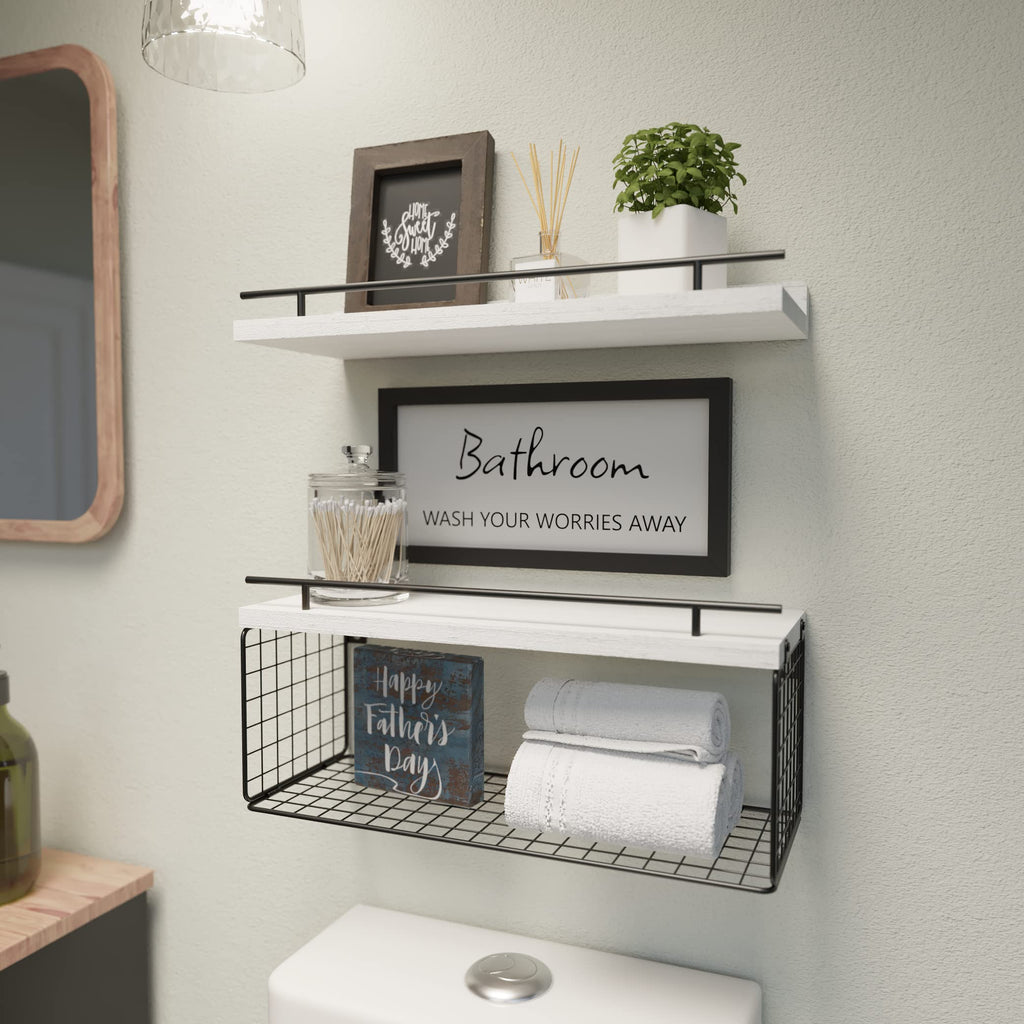 WOPITUES Floating Shelves for Wall Decor Sign, Bathroom Organizers and Storage, Bathroom Shelves Over Toilet with Metal Guardrail-Black