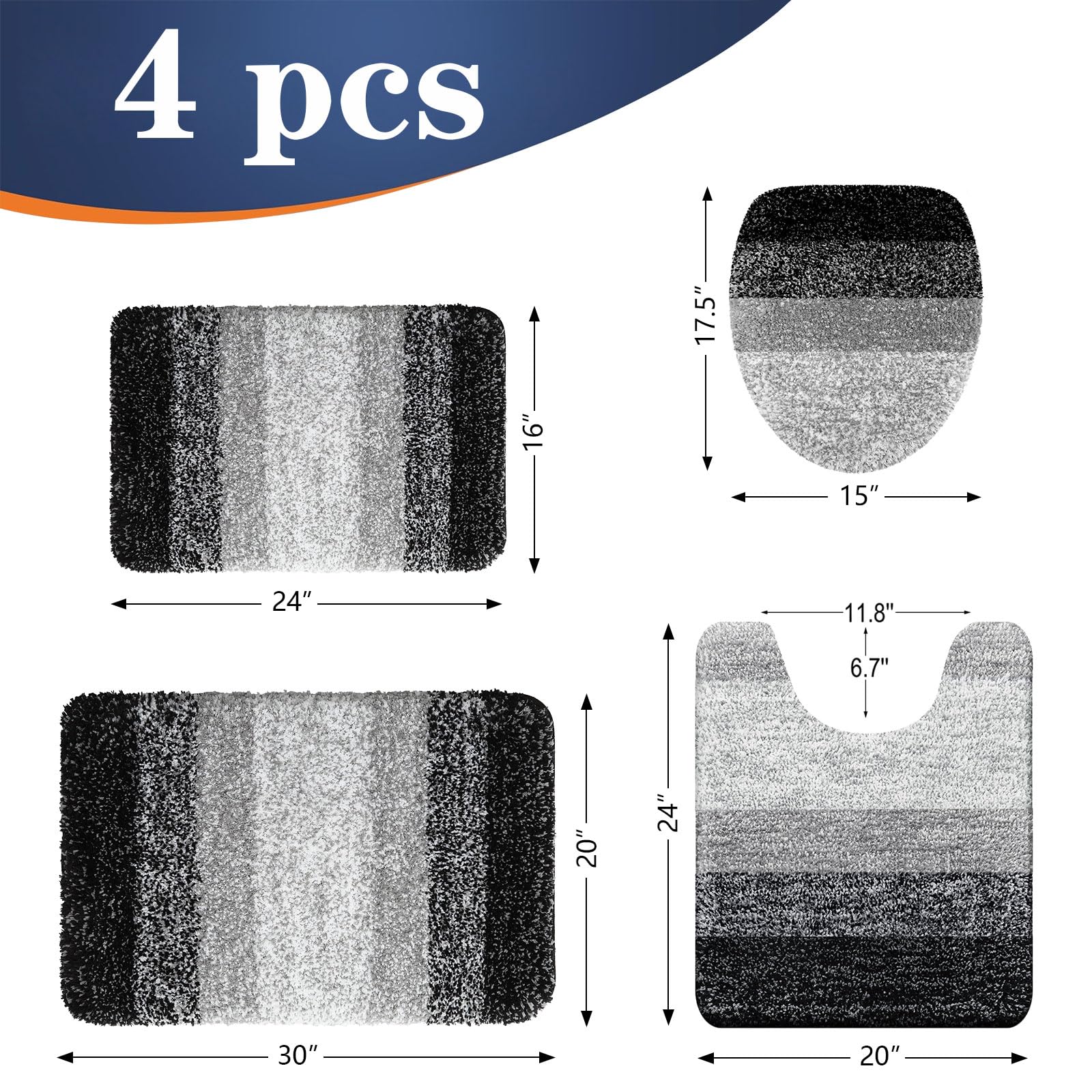 OLANLY Bathroom Rugs Sets 4 piece, Soft Microfiber Absorbent Bath Mat, U-Shaped Contour Toilet Mat and Toilet Lid Cover, Quick Dry, Machine Washable, Toilet Cover and Rug Set for Bathroom, Grey