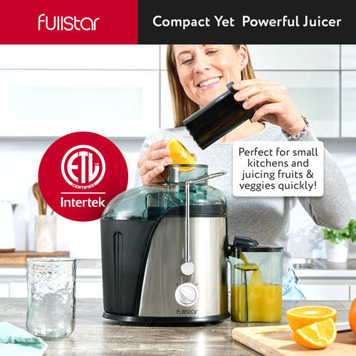 Fullstar Juicer Machines Vegetable and Fruit, 400W Compact Juicer, 3" Wide Mouth, 2-Speed Setting, Stainless Steel, BPA-Free (Black)