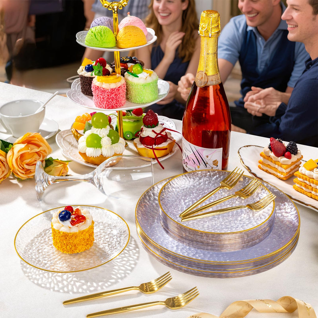 DaYammi 240Pcs Gold Plastic Plates Including 120Pcs Dessert Plates and 120Pcs Cake Forks,Hammered Party Plate,Clear Gold Appetizer plates Heavy duty Disposable Plastic Plate for Party Wedding Birthday