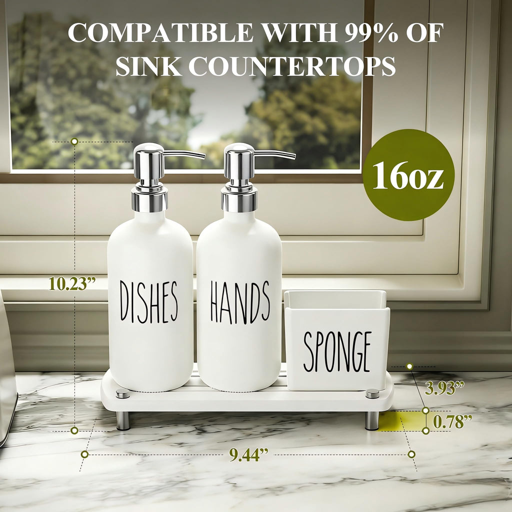 Cisily Kitchen Soap Dispenser Set Comes with Ceramics Sponge Holder, Gold Pumps, and Instant Dry Tray, Hand and Dish Soap Dispenser Set (4, Gold + White + Sponge Holder)