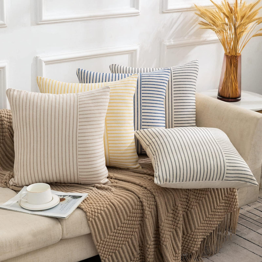 YCOLL Farmhouse Pillow Covers 18x18, Modern Accent Square Throw Pillow Covers Set of 2, Gray and Beige Striped Patchwork Linen Decorative Pillows Cushion Covers for Couch Chair Bedroom Home Decor