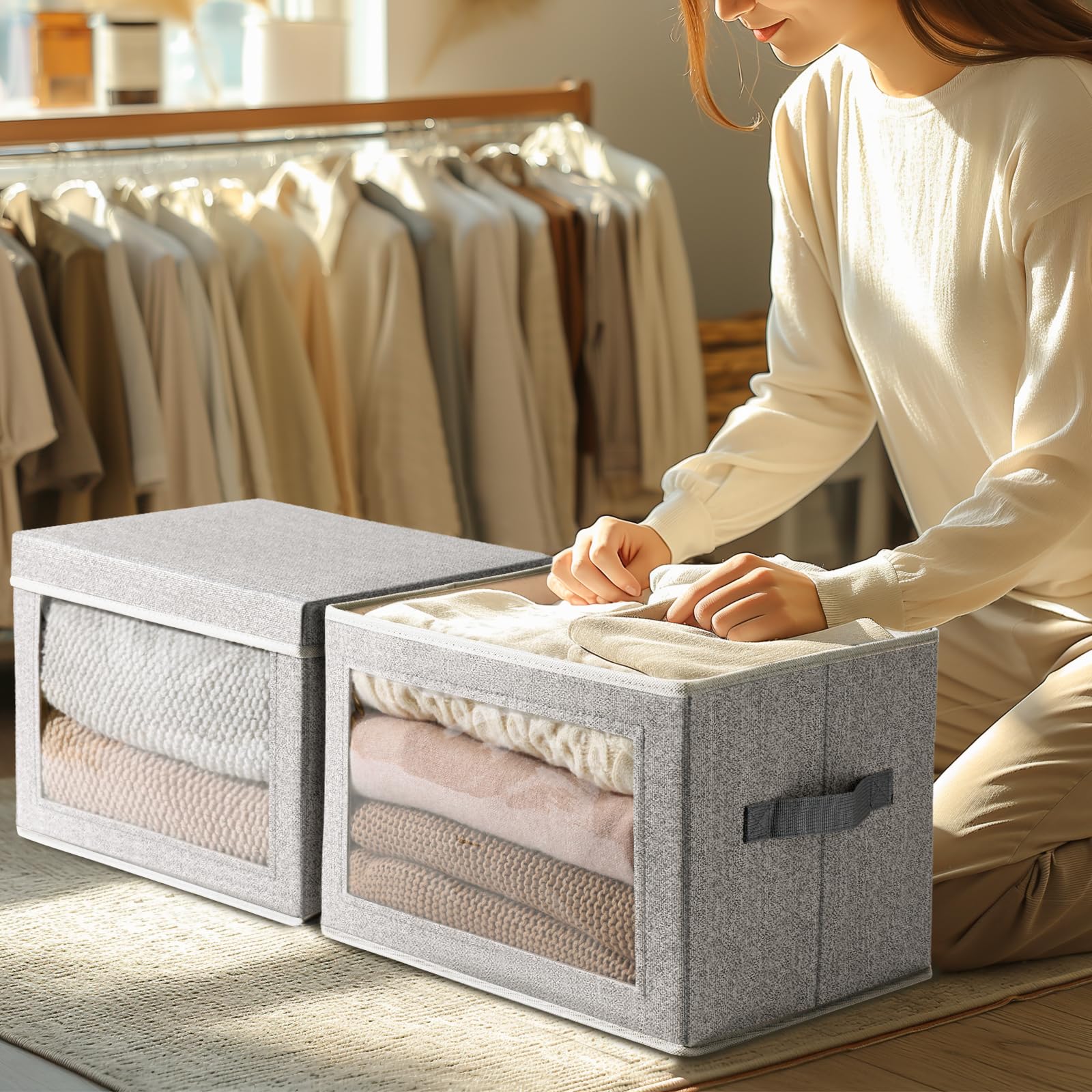 Homsorout Storage Bins with Lids - Fabric Closet Storage Bins with Window, Collapsible Baskets for Shelves 4 Pack, Home Decorative Boxes for Clothes, Closet, Office, Grey