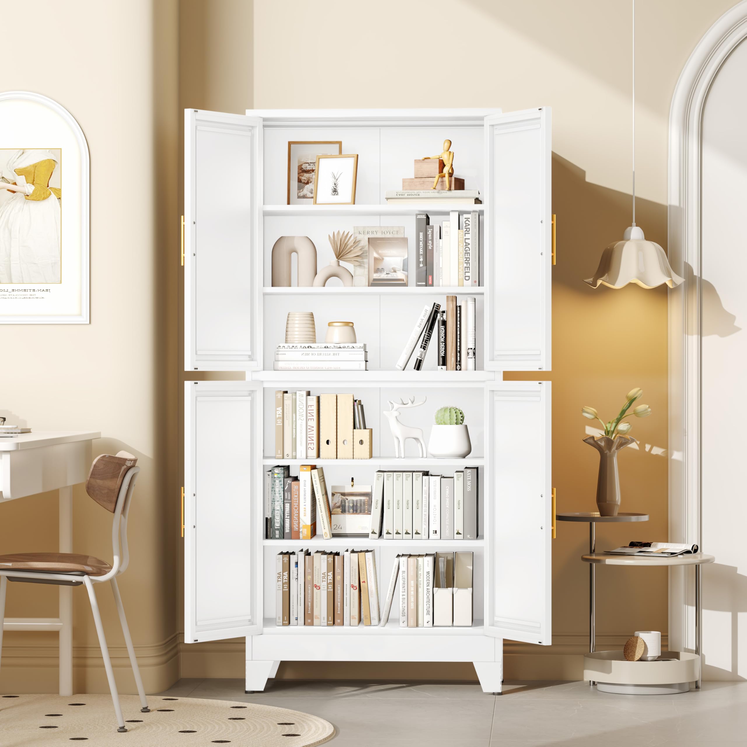 GAIOUS Metal Pantry Cabinet, Kitchen Pantry Storage Cabinets with 2 Door and 3 Adjustable Shelves, White Kitchen Pantry Cabinet, Freestanding Cupboard for Dining Room Living Room Bathroom