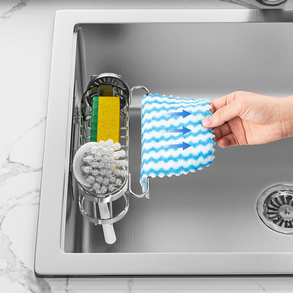 Cisily Organizador de Fregadero de Cocina con Soporte para Esponja en el Fregadero, Organizador de Fregadero de Cocina de Acero Inoxidable, Soporte para Cepillo, Percha para Paños de Platos, Soporte