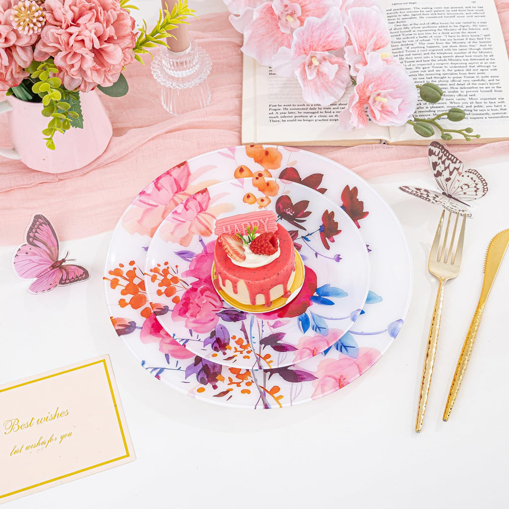 DaYammi 20Pcs Floral Disposable Plastic Plates-Disposable Heavy duty Watercolor Floral Plastic Plates 10.25 inch Dinner plates and 7.5 inch Dessert plates, Disposable Plate for Party Mother's Day