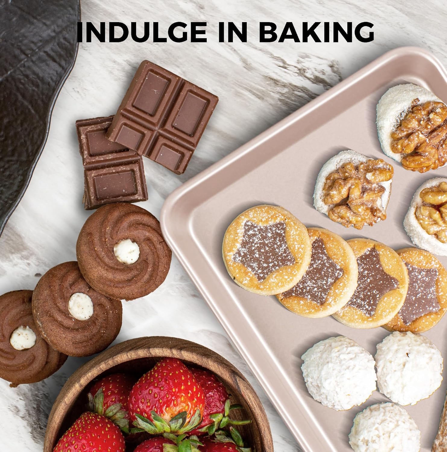 HONGBAKE 2 Pack 9.7"X7.6" Small Cookie Sheet, 57% Thicker Nonstick 1/8 Toaster Oven Pans, Heavy Duty Cookie Sheet Pan Set, Baking Sheet, Rose Gold