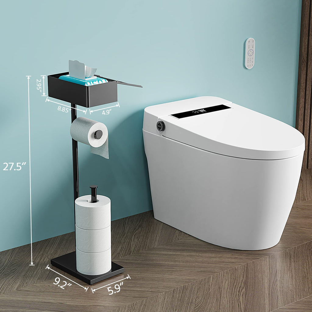 CISILY Black Toilet Paper Holder Stand with Phone Shelf, Bathroom Toliet Decor Decoration. Tissue Roll Free Standing Storage, Rv Accessories, Apartment Restroom Household Home Essentials
