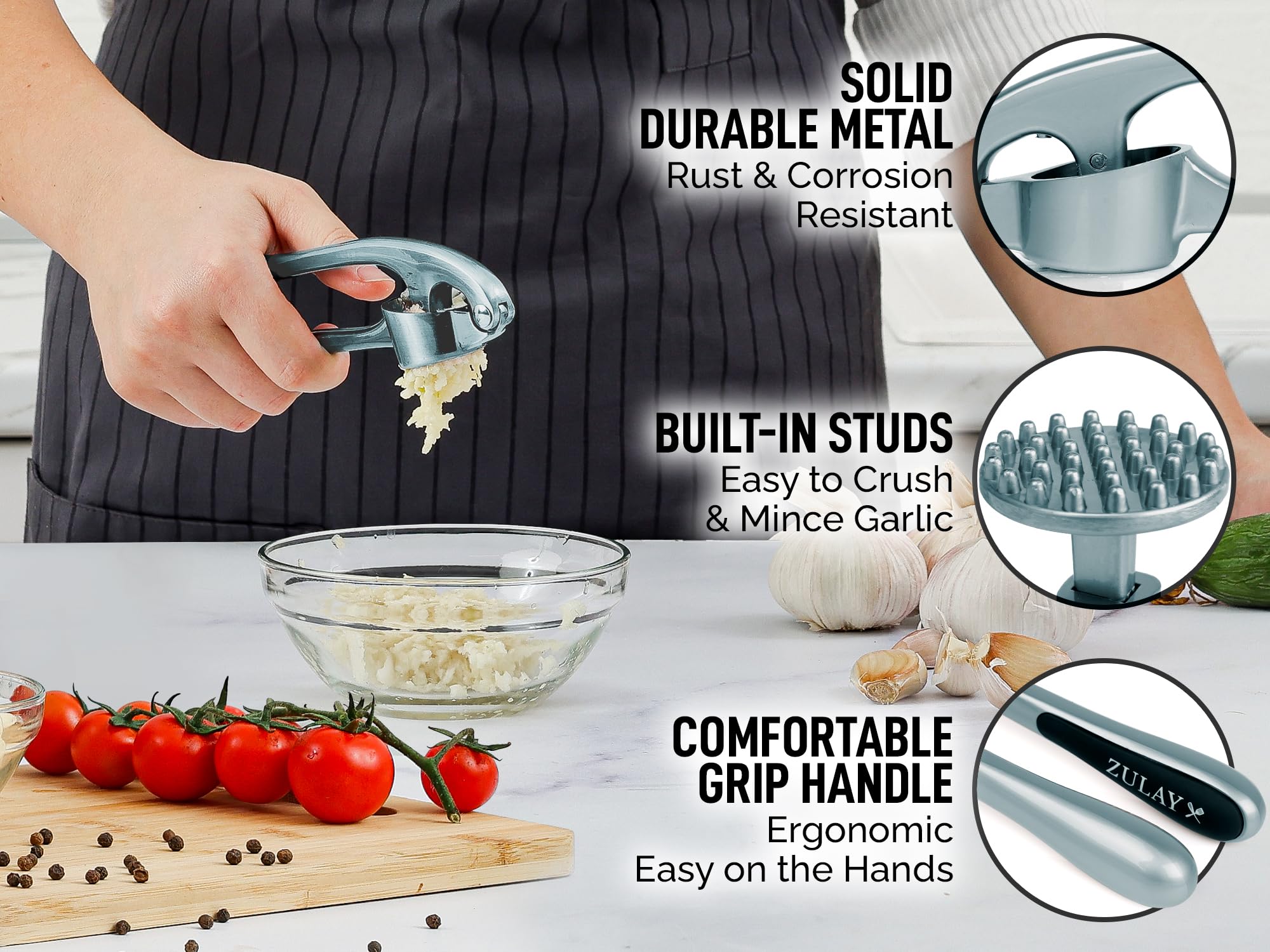 Zulay Kitchen Premium Garlic Press Set - Rust Proof Professional Garlic Mincer Tool - Easy-Squeeze, Easy-Clean with Soft, Ergonomic Handle - Silicone Garlic Peeler & Brush (Silver)