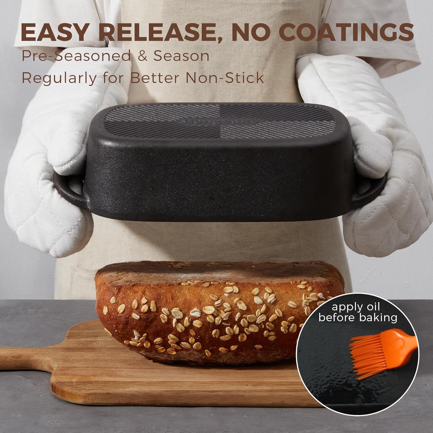 HONGBAKE Everline Collection 2 in 1 Cast Iron Loaf Pan with Lid, 9x5 Bread Pans for Homemade Bread, Pre-Seasoned Nonstick Sourdough Baking Pan, Even Heating Loaf Dutch Oven, Banana Bread Tins