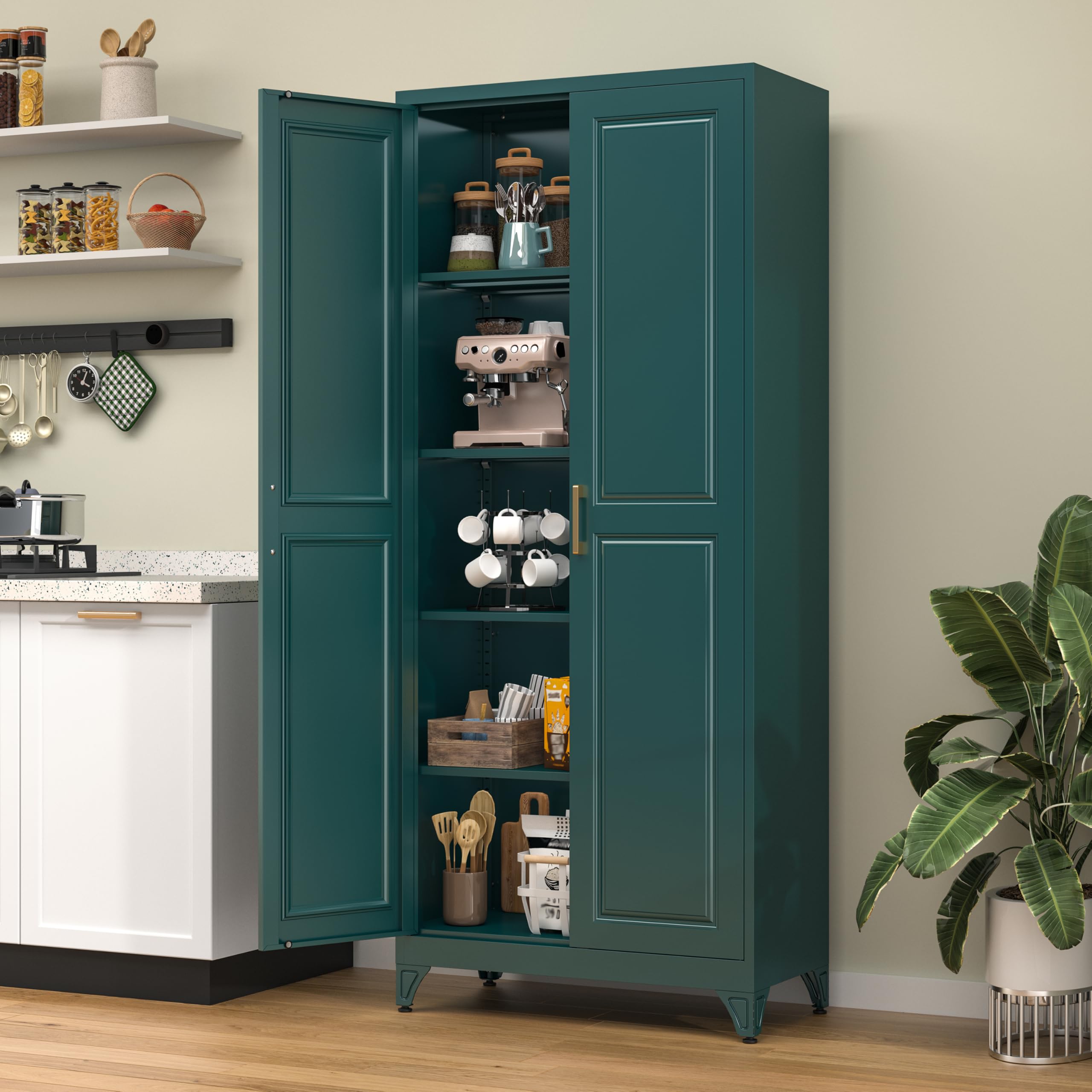 75" Tall Metal Kitchen Storage Cabinet,White Kitchen Pantry Storage Cabinet with Doors and 4 Adjustable Shelves,Utility Cabinet for Living Room,Garage,Dining Room and Office,Assemble Required