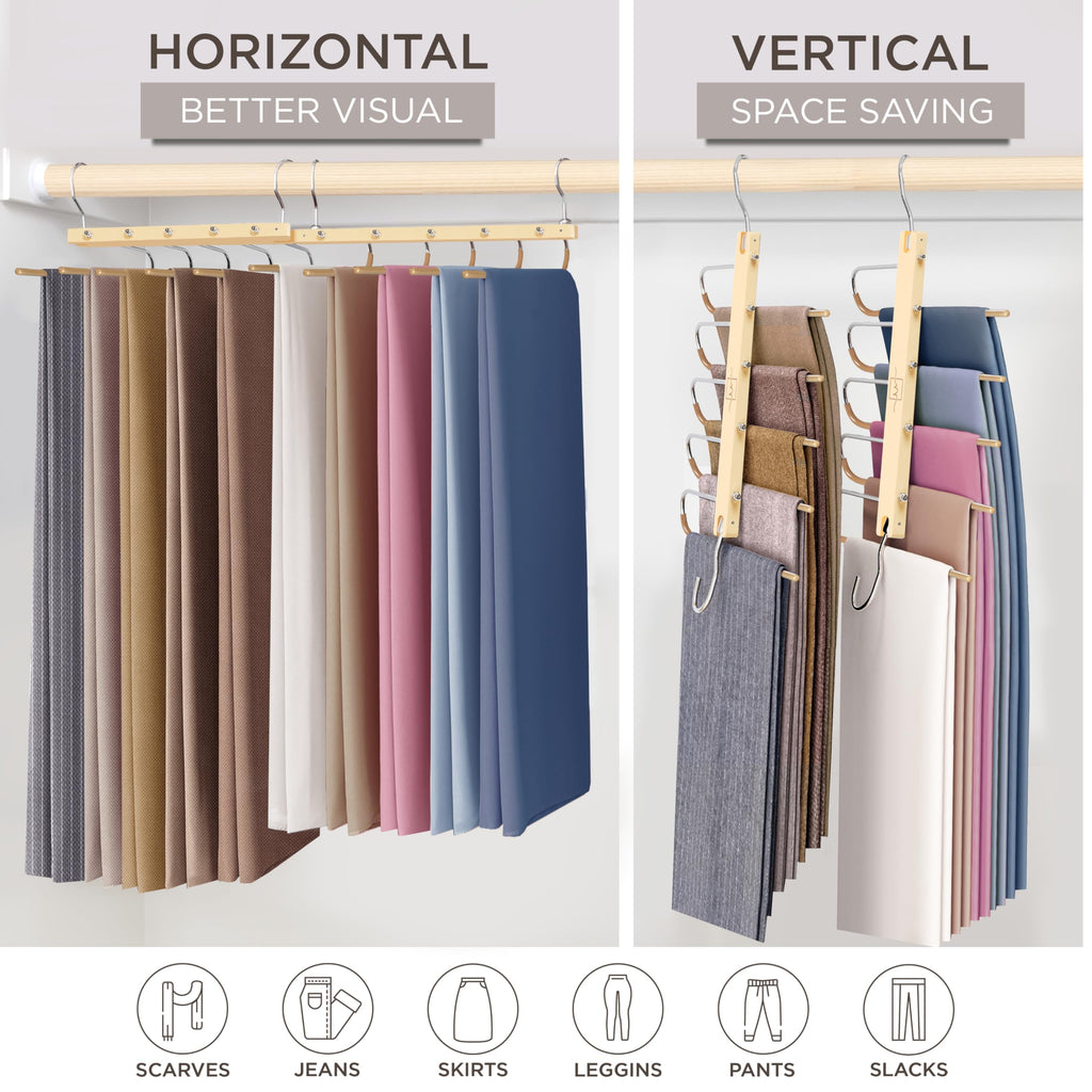 MORALVE Pants Hangers Space Saving - 2 Pack European Beechwood Scarf and Jean Hangers - Closet Organizer and Space Saver Pant Rack, Leggings Hanger, and Scarf Holder with 360° Swivel Hook